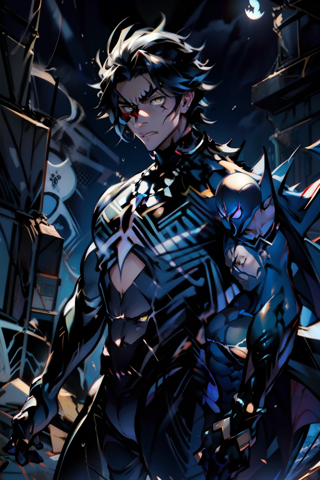 《the original god》Arataki Kazuto , male people， chest muscle， Sexy , Venom symbiote for your body, Black mucus of the body , into venom, venomize，Black bodysuit，（Cloak），Red cape，Abs，（Adult male）（（Venom possession，venom symbiote）），over-Tortoise Man，Battle damage，((Masterpiece)), ((Best quality)), Ultra detailed,((illustration)), Dynamic Angle, Detailed light, (Delicate eyes), Floating, 1boy, Male focus, Head, Clothing, Yellow eyes, necklace, tattoo, (Forehead:0.8), (ahoge:0.8), jewelry, brunette color hair,apathy，Ray， chest muscle， Sexy , Venom symbiote for your body, Black mucus of the body , （into venom）, Venom，frontage，Bust photo，White tight-fitting top，spiderman outfit，style of anime4 K， 4K anime wallpaper， Badass anime 8 K， 4 k comic wallpaper， young anime man， Anime boys， Anime wallpapers 4 k， Anime wallpaper 4K， High quality anime art style， Anime moe art style， Anime art wallpaper 8 K， Anime art wallpaper 4 K， RGB lighting，