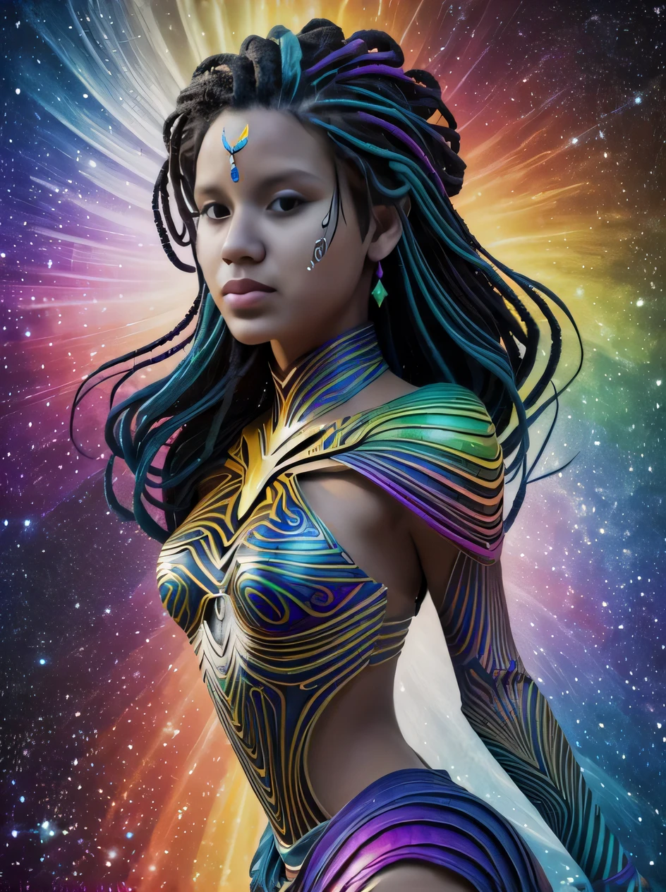 uma mulher com dreadlocks e um corpo pintado em uma cena espacial, Deusa ciborgue no cosmos, cosmic goddess, Artgerm Julie Bell Beeple, goddess of galaxies, portrait of a cosmic goddess, arte de fantasia digital colorida, goddess of space and time, a stunning young ethereal figure, Um retrato impressionante de uma deusa, epic 3 d oshun, Deusa DMT