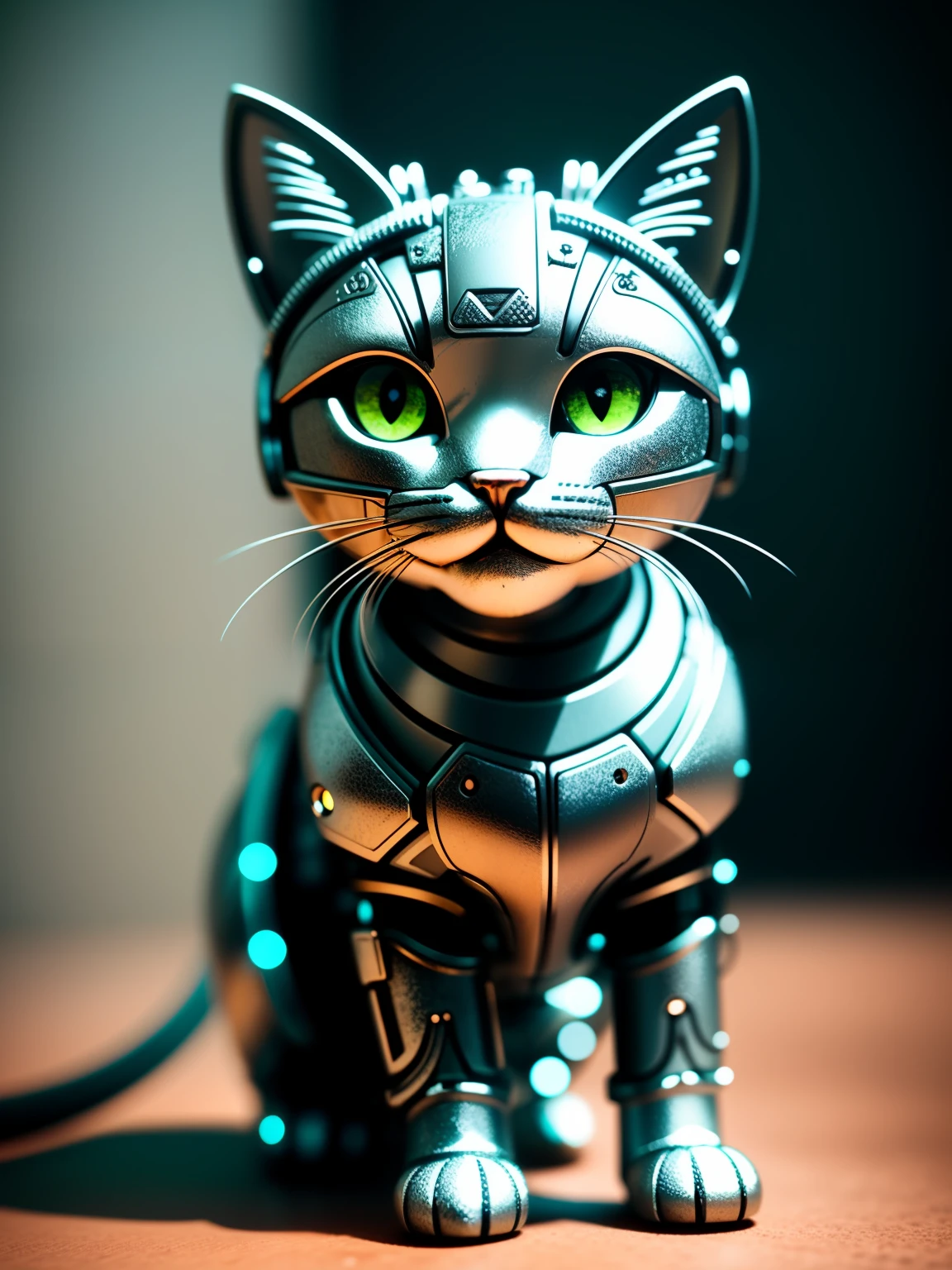 A cute kitten made of metal, (cyborg:1.1), ([tail|detailed wire]:1.3), (intricate detail), hdr, (intricate detail, hyperdetailed:1.2), cine footage, halo shadow, centered