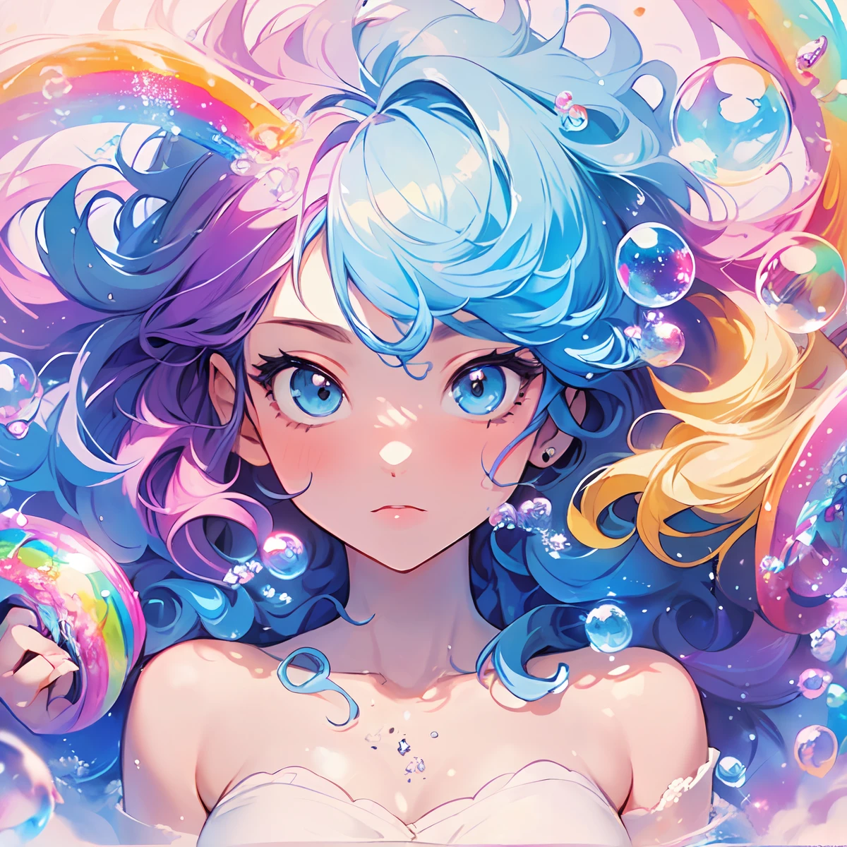 (masterpiece、 top-quality、 top-quality、 watercolor paiting (Curly)、dreamily cute、 a pale、Moya、 (Curly)、 The upper part of the body、 (rainbow-colored hair : 1.2) 、 Soap bubbles、 Rainbow behind、clouds、 colourfull、Soap bubbles、 Spread throughout、 kawaii、 pastels、 sweets、 Loose fluffy