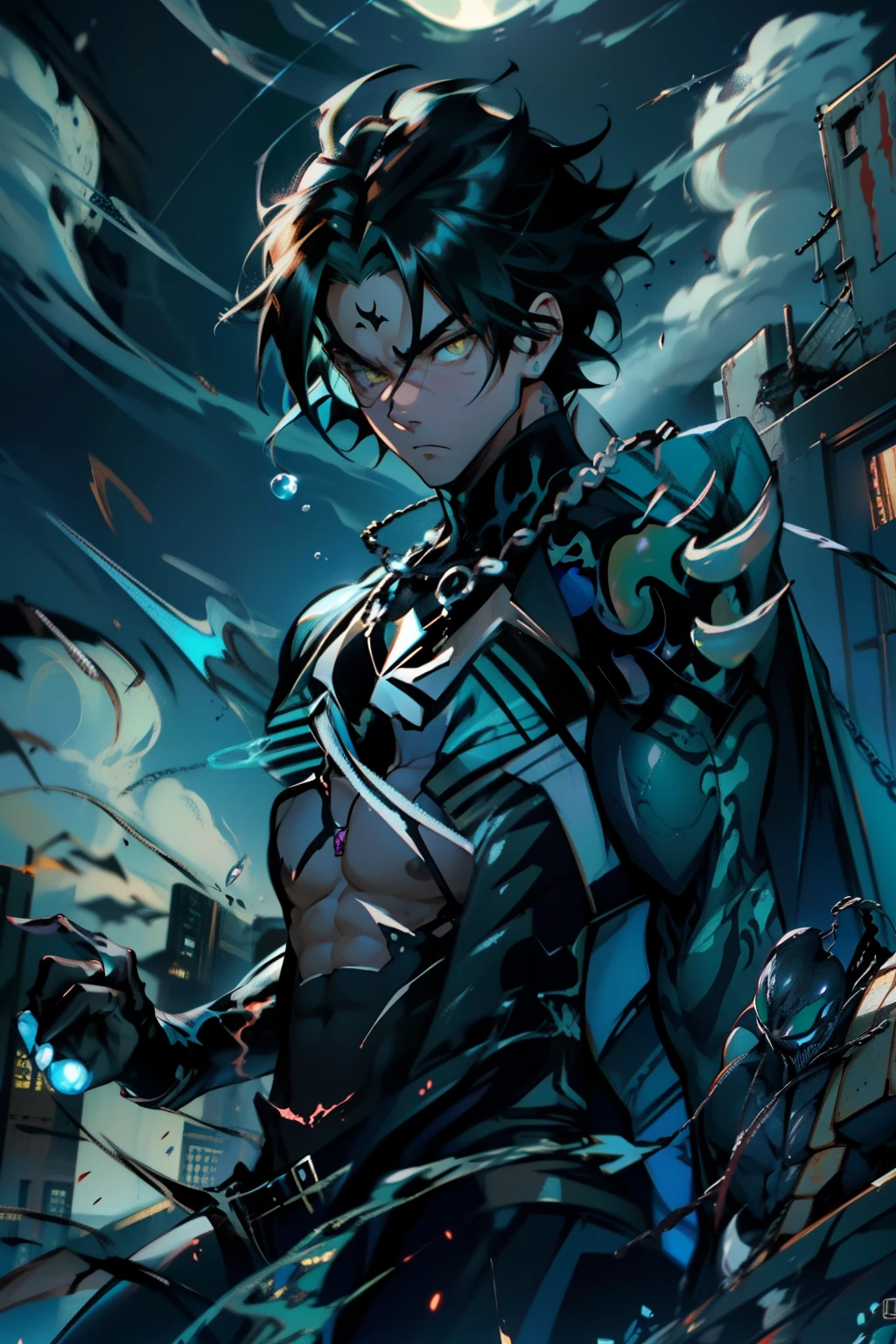 《the original god》Arataki Kazuto , male people, chest muscle, Sexy , Venom symbiote for your body, Black mucus of the body , into venom, venomize,Black bodysuit,(Cloak),Red cape,Abs,(Adult male)((Venom possession,venom symbiote)),over-Tortoise Man,Battle damage,((Masterpiece)), ((Best quality)), Ultra detailed,((illustration)), Dynamic Angle, Detailed light, (Delicate eyes), Floating, 1boy, Male focus, Head, Clothing, Yellow eyes, necklace, tattoo, (Forehead:0.8), (ahoge:0.8), jewelry, brunette color hair,apathy,Ray, chest muscle, Sexy , Venom symbiote for your body, Black mucus of the body , (into venom), Venom,frontage,Bust photo,White tight-fitting top,spiderman outfit,style of anime4 K, 4K anime wallpaper, Badass anime 8 K, 4 k comic wallpaper, young anime man, Anime boys, Anime wallpapers 4 k, Anime wallpaper 4K, High quality anime art style, Anime moe art style, Anime art wallpaper 8 K, Anime art wallpaper 4 K, RGB lighting,