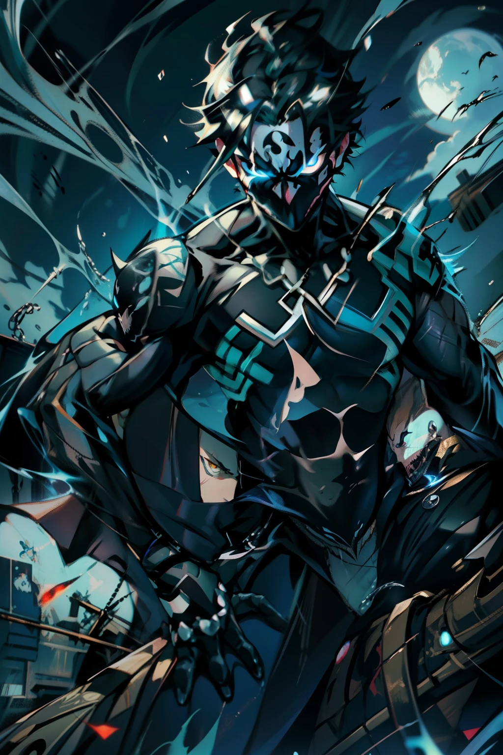 《the original god》Arataki Kazuto , male people， chest muscle， Sexy , Venom symbiote for your body, Black mucus of the body , into venom, venomize，Black bodysuit，（Cloak），Red cape，Abs，（Adult male）（（Venom possession，venom symbiote）），over-Tortoise Man，Battle damage，((Masterpiece)), ((Best quality)), Ultra detailed,((illustration)), Dynamic Angle, Detailed light, (Delicate eyes), Floating, 1boy, Male focus, Head, Clothing, Yellow eyes, necklace, tattoo, (Forehead:0.8), (ahoge:0.8), jewelry, brunette color hair,apathy，Ray， chest muscle， Sexy , Venom symbiote for your body, Black mucus of the body , （into venom）, Venom，frontage，Bust photo，White tight-fitting top，spiderman outfit，style of anime4 K， 4K anime wallpaper， Badass anime 8 K， 4 k comic wallpaper， young anime man， Anime boys， Anime wallpapers 4 k， Anime wallpaper 4K， High quality anime art style， Anime moe art style， Anime art wallpaper 8 K， Anime art wallpaper 4 K， RGB lighting，