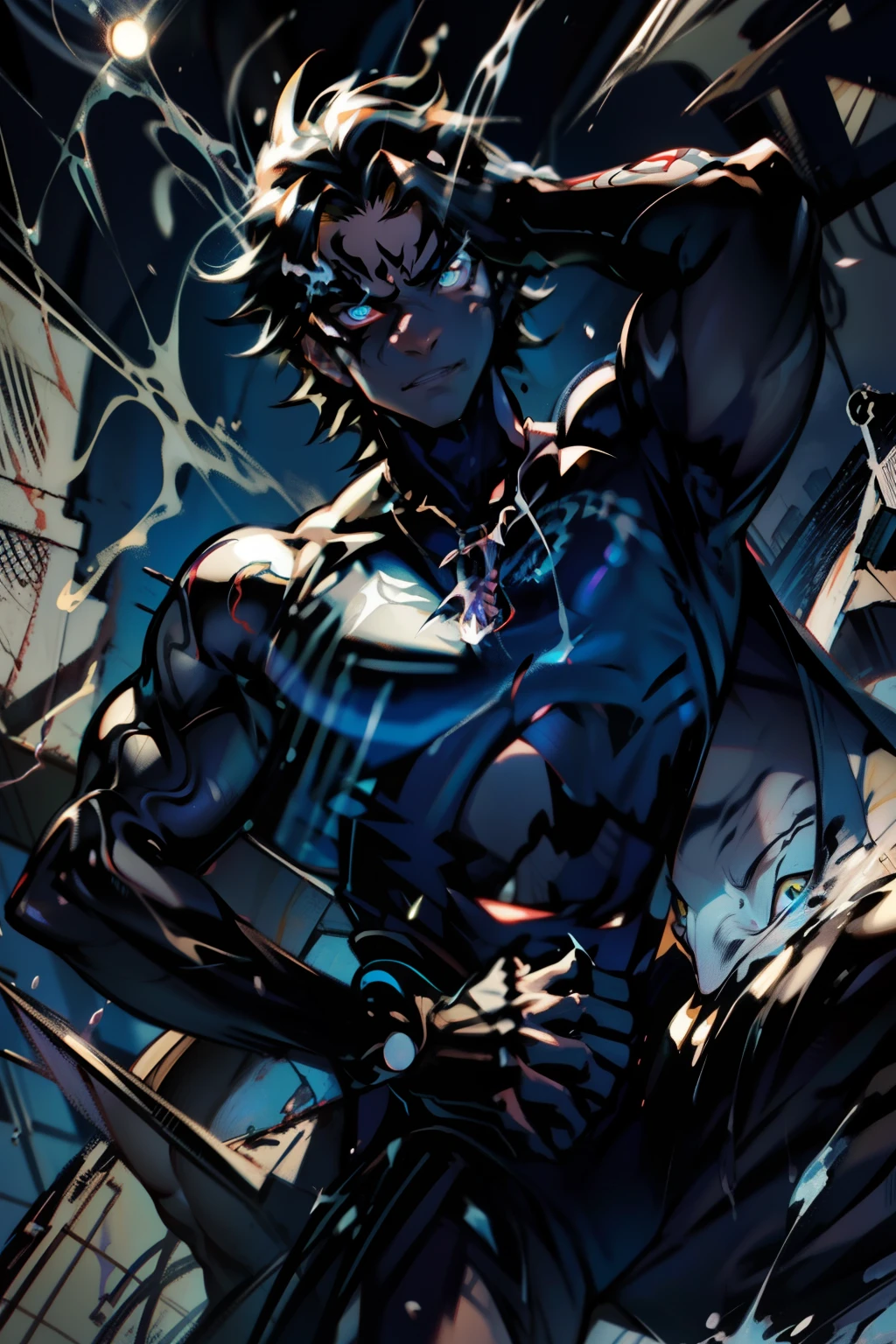 《the original god》Arataki Kazuto , male people， chest muscle， Sexy , Venom symbiote for your body, Black mucus of the body , into venom, venomize，Black bodysuit，（Cloak），Red cape，Abs，（Adult male）（（Venom possession，venom symbiote）），over-Tortoise Man，Battle damage，((Masterpiece)), ((Best quality)), Ultra detailed,((illustration)), Dynamic Angle, Detailed light, (Delicate eyes), Floating, 1boy, Male focus, Head, Clothing, Yellow eyes, necklace, tattoo, (Forehead:0.8), (ahoge:0.8), jewelry, brunette color hair,apathy，Ray， chest muscle， Sexy , Venom symbiote for your body, Black mucus of the body , （into venom）, Venom，frontage，Bust photo，White tight-fitting top，spiderman outfit，style of anime4 K， 4K anime wallpaper， Badass anime 8 K， 4 k comic wallpaper， young anime man， Anime boys， Anime wallpapers 4 k， Anime wallpaper 4K， High quality anime art style， Anime moe art style， Anime art wallpaper 8 K， Anime art wallpaper 4 K， RGB lighting，