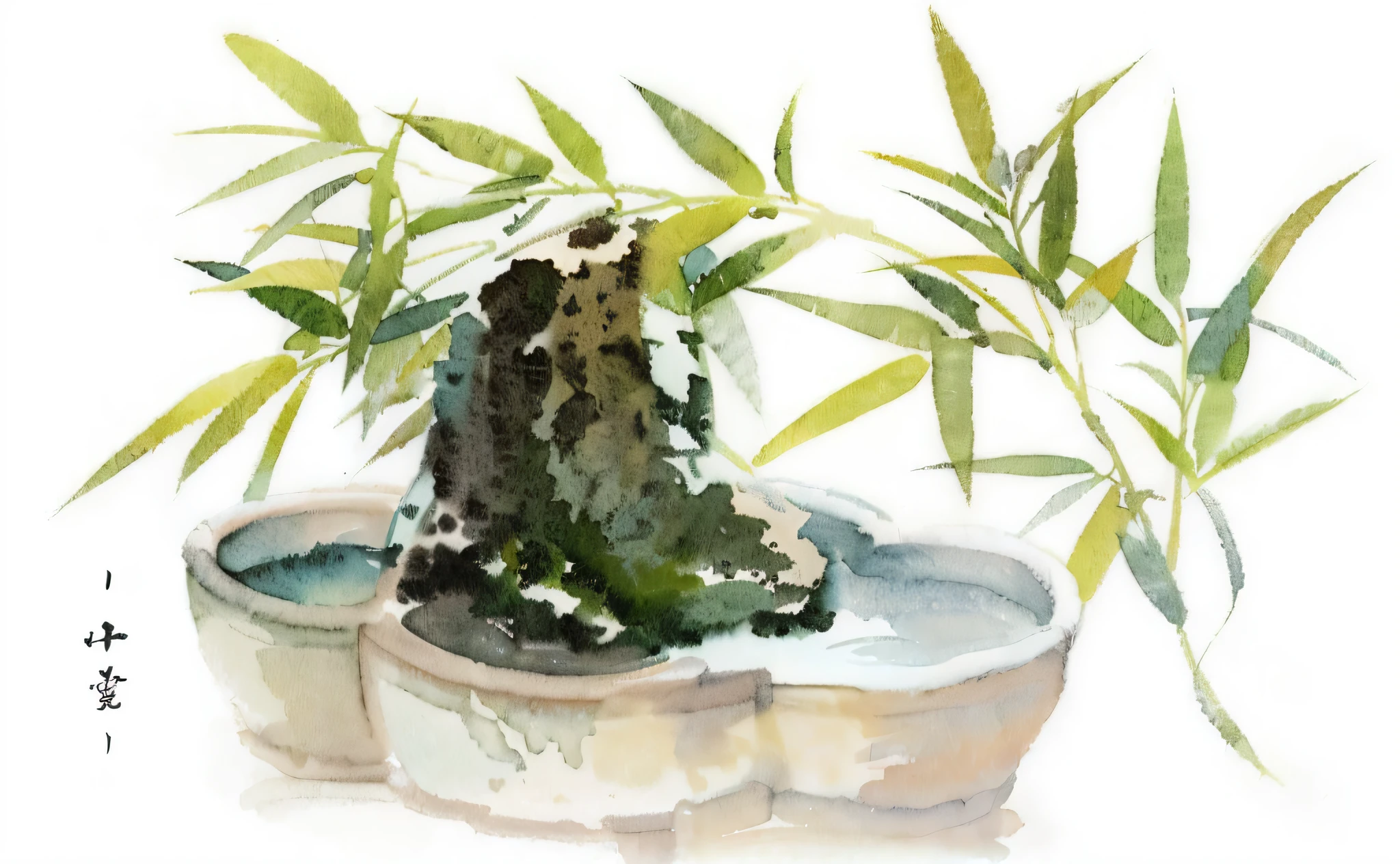 There is a painting of a potted plant and greenery, Chinese painting style, Chinese watercolor style, inspired by Tani Bunchō, Traditional Chinese watercolor, Traditional Chinese Ink Painting, Water painting, sumi - e style, Chinese ink painting, japan watercolour, ink and watercolor painting, chinese water color, Chinese watercolor painting,Watercolor paper texture texture