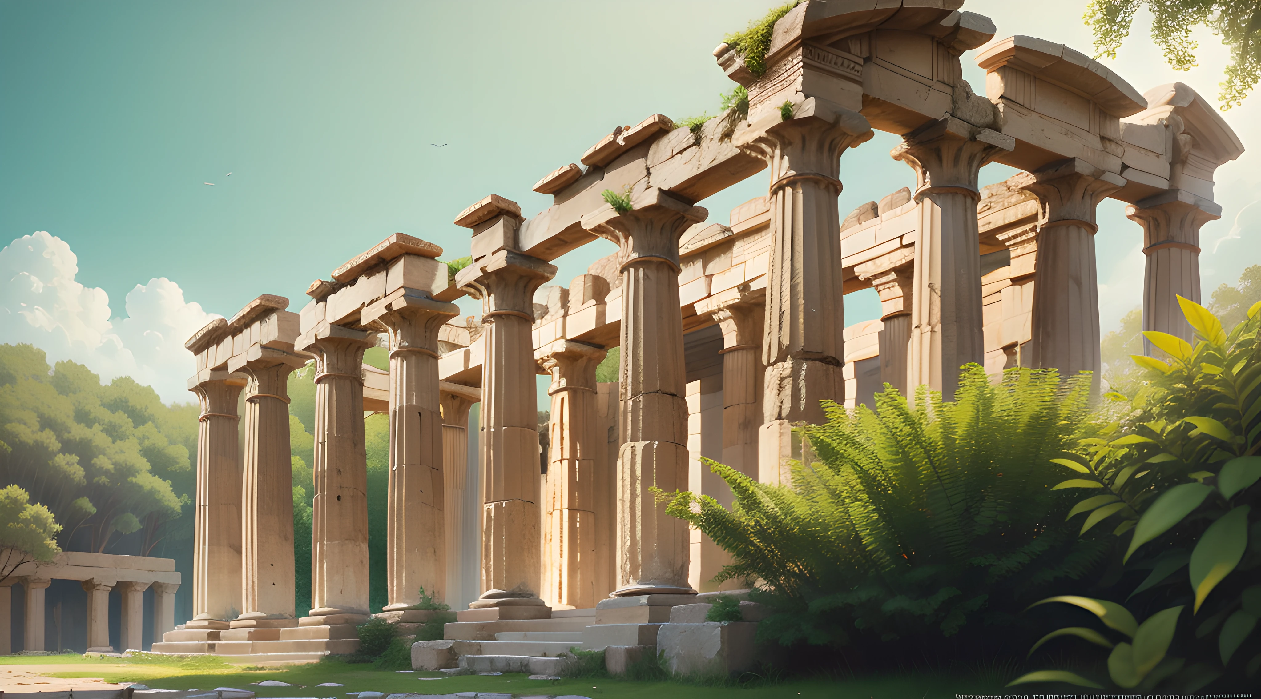 "An ancient Greek building with intricate architectural details, bathed in warm sunlight and surrounded by lush greenery."