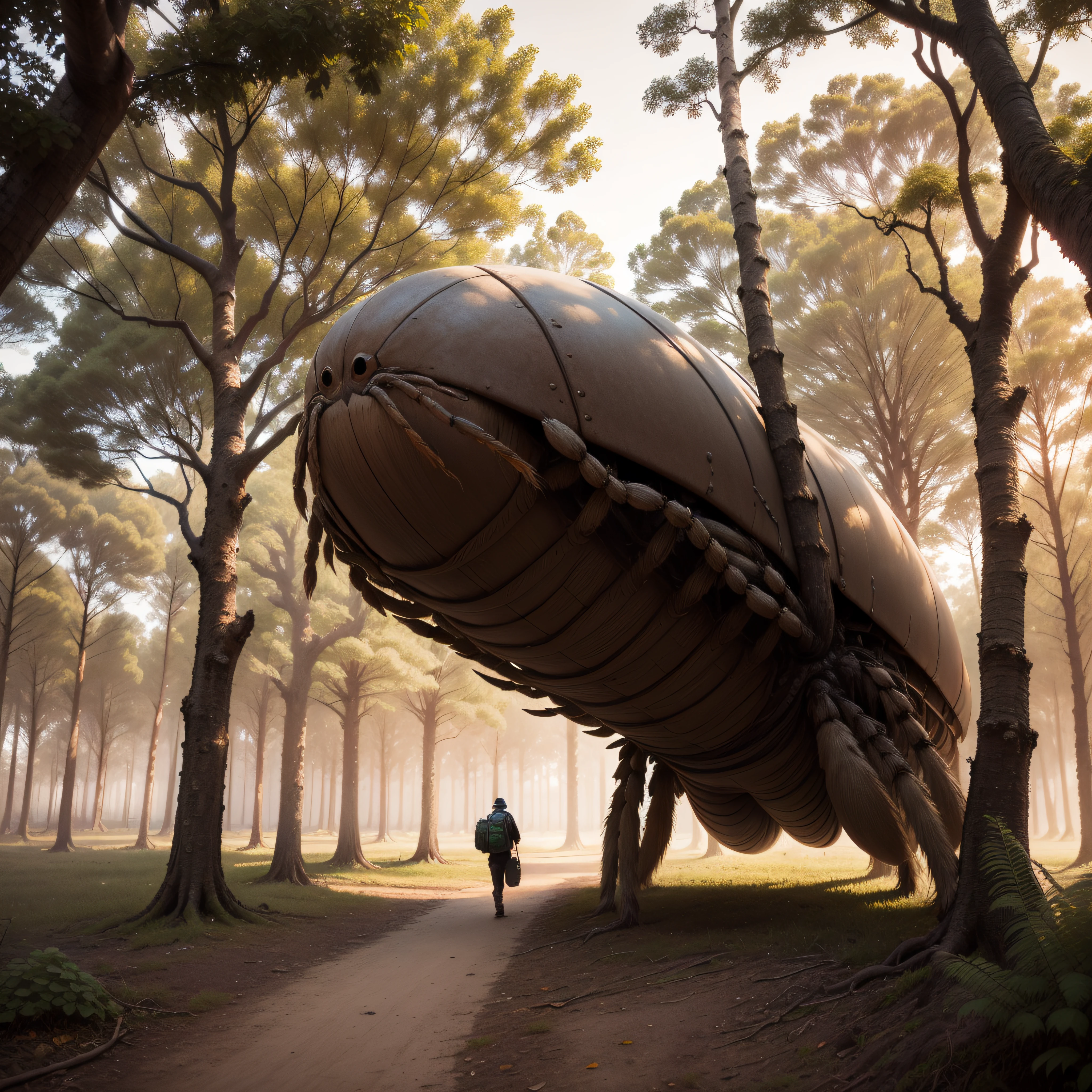 (extremadamente detallado, obra maestra, La mejor calidad, Tono sepia), paseante con mochila. bosque enorme, ruinas. A giant spider climbs up the trees. espino. Daytime Lighting.