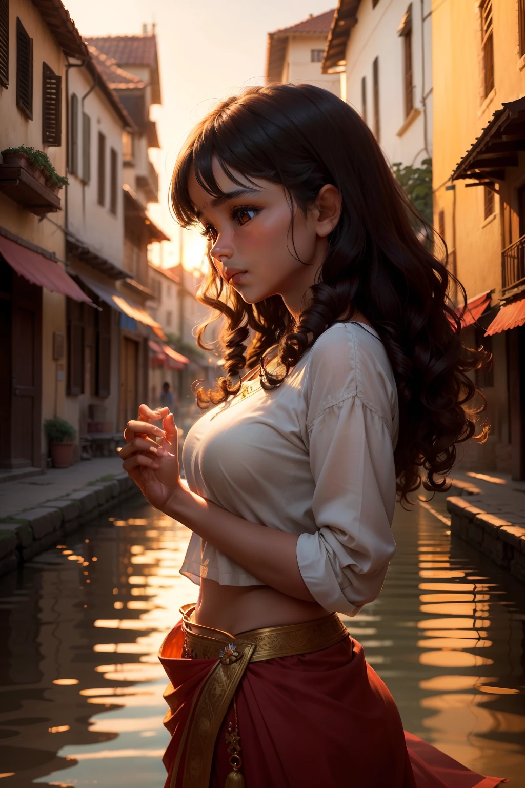 In the enchanting tranquility of the golden hour, a young Indian girl finds herself captivated by the ethereal glow in large village river area. Her fingers playfully tangle with her curly hair, each strand catching the last rays of sunlight, as her eyes reflect the serenity of the moment.