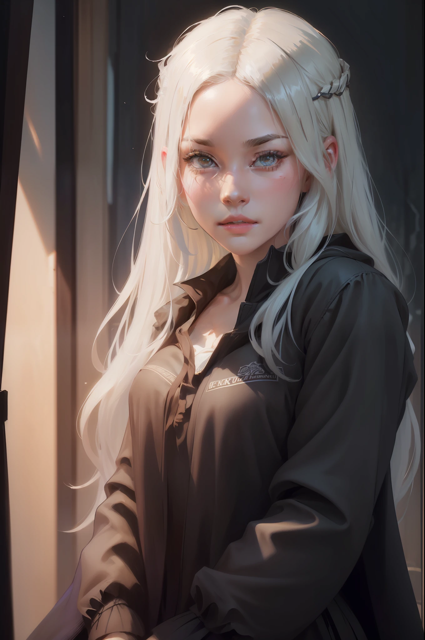 (front focus),(in the dark:1.6), Hyperrealist portrait of female by david hockney and alphonse mucha,fantasy art, photo realistic, dynamic lighting, artstation, poster, volumetric lighting, very detailed faces, 4 k, award winning,, 1girl, in the dark, deep shadow, low key,cowboy shot,(official clothing:1.4) ,long hair,white hair,