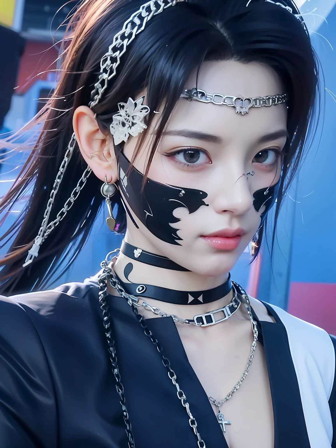 In Anime style, A female figure wears a black mask and a chain around her neck. With a realistic artistic expression, High-quality 8K detailed art packed with anime digital illustration features. Added cyberpunk elements too, With Guvez style and artistic filters.