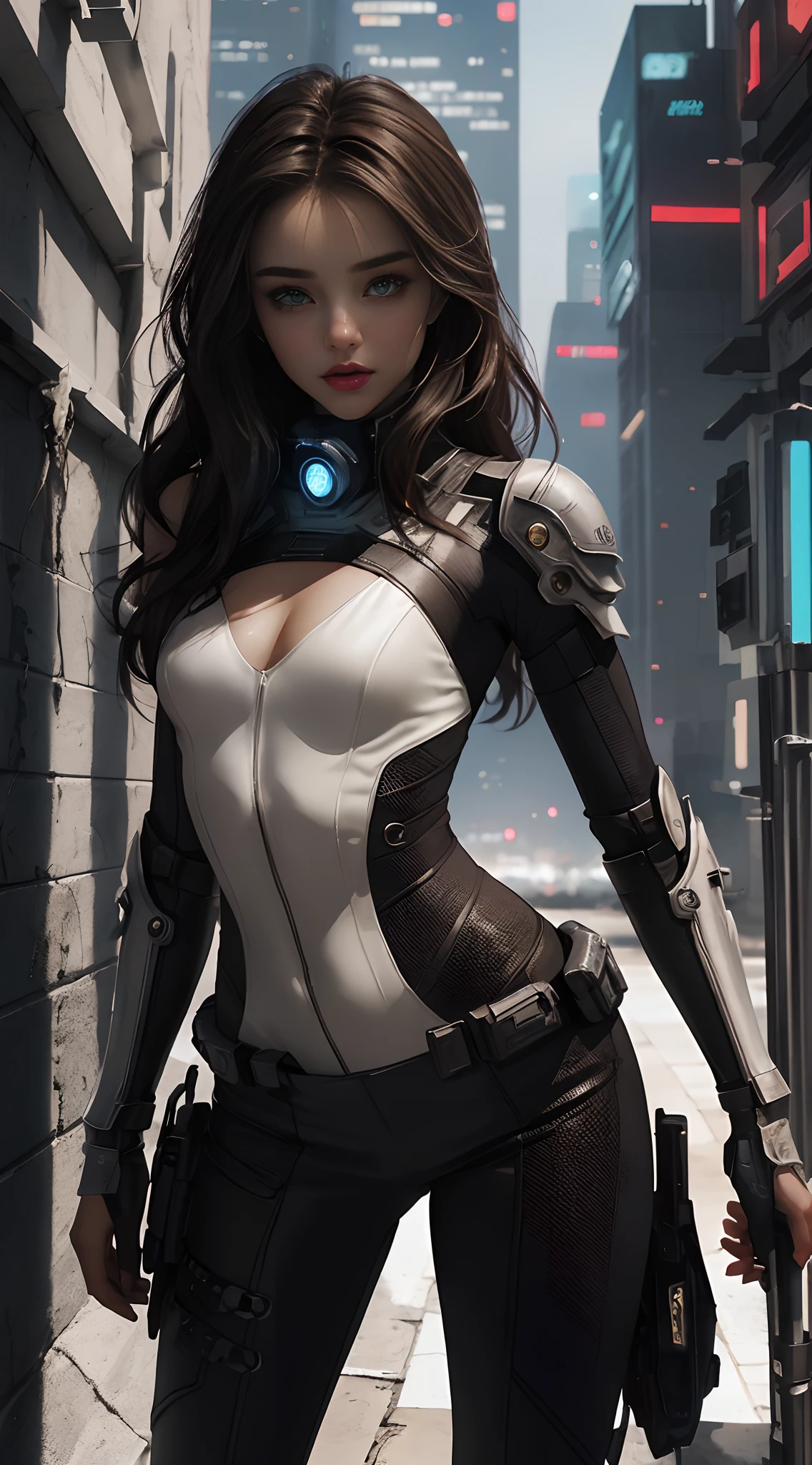(Cate: female cyberpunk, 26 YO, Similar to Miranda Kerr & A perfect face & White cyberpunk dress & Full armor with pants & Ultra detailed hazel eyes & Tall & Slender & Pale skin & Dark brown hair cascading down to your shoulders & Small bust & hourglass figure, perfect hand)),| She Is Running On The Rooftops, Dynamic Poses, Background Futuristic Night City,|