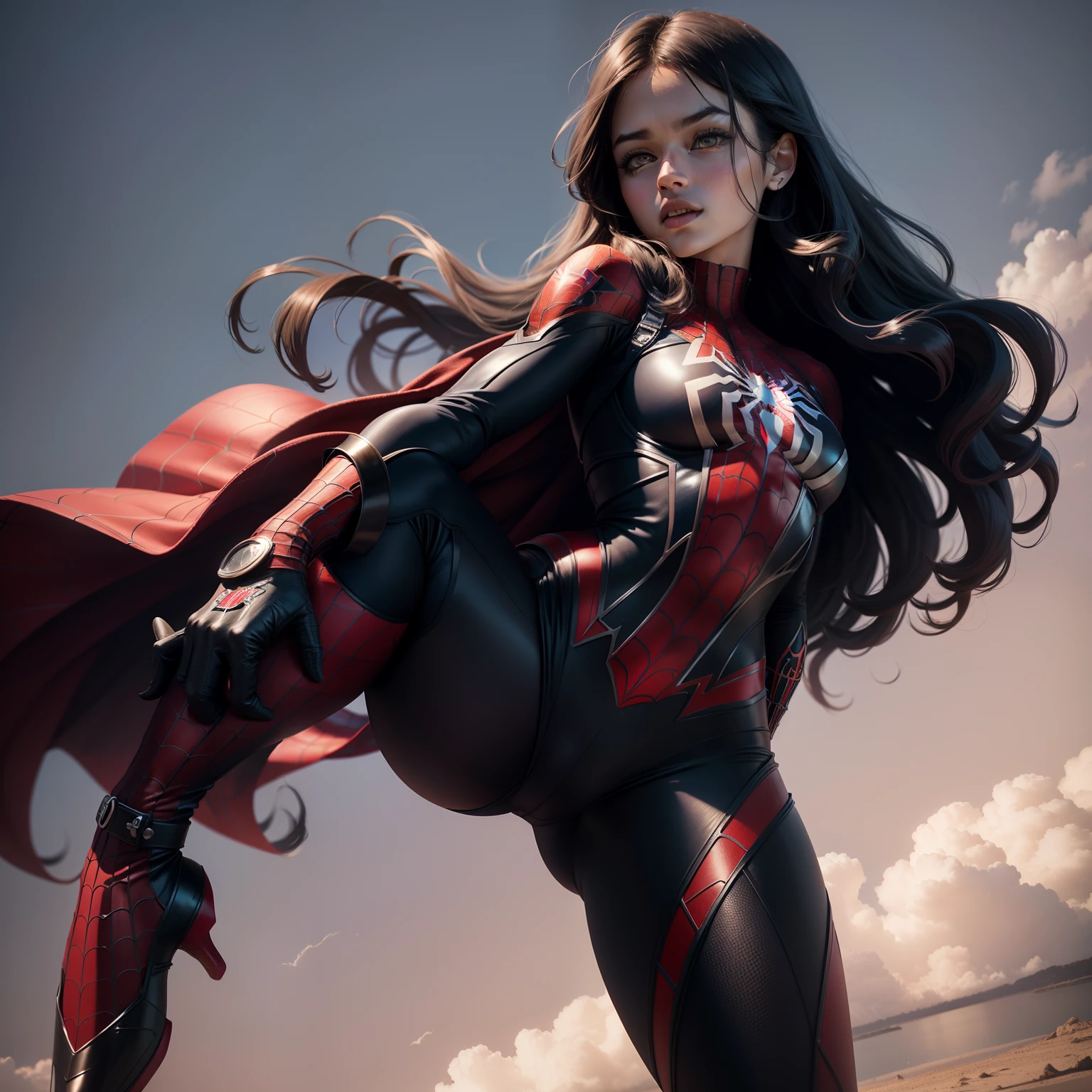 4k, realistic, carismatic, very detail, there is a sky, wearing spiderman costum, she is spiderman, super hero theme, black long hair, 25 years old, full body, best angle, masterpiece photography