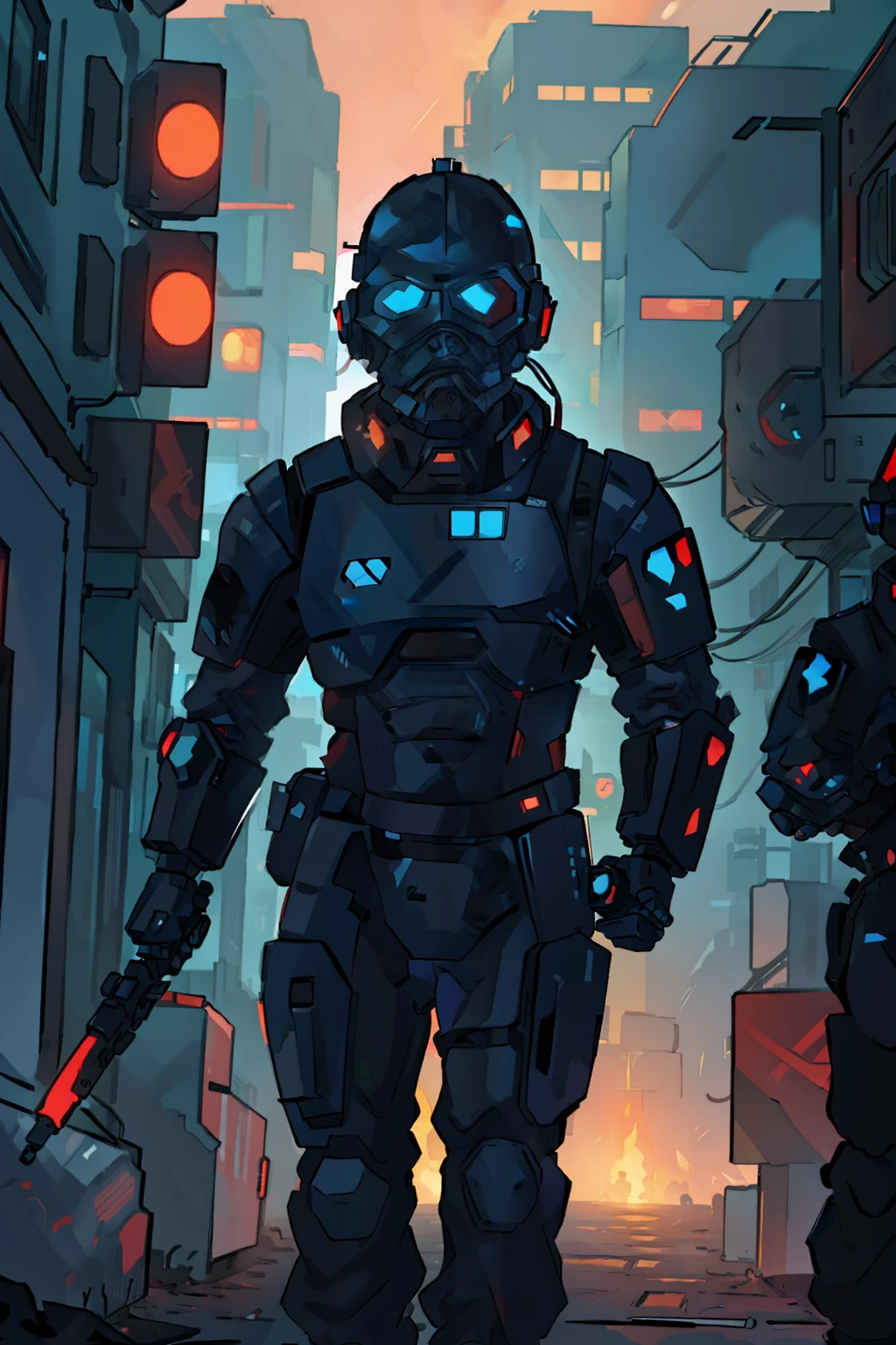 A evil sci-fi, cyberpunk soldier, in black and red body armor and wearing a full face helmet no eyes, holding a baton walking through a crowd