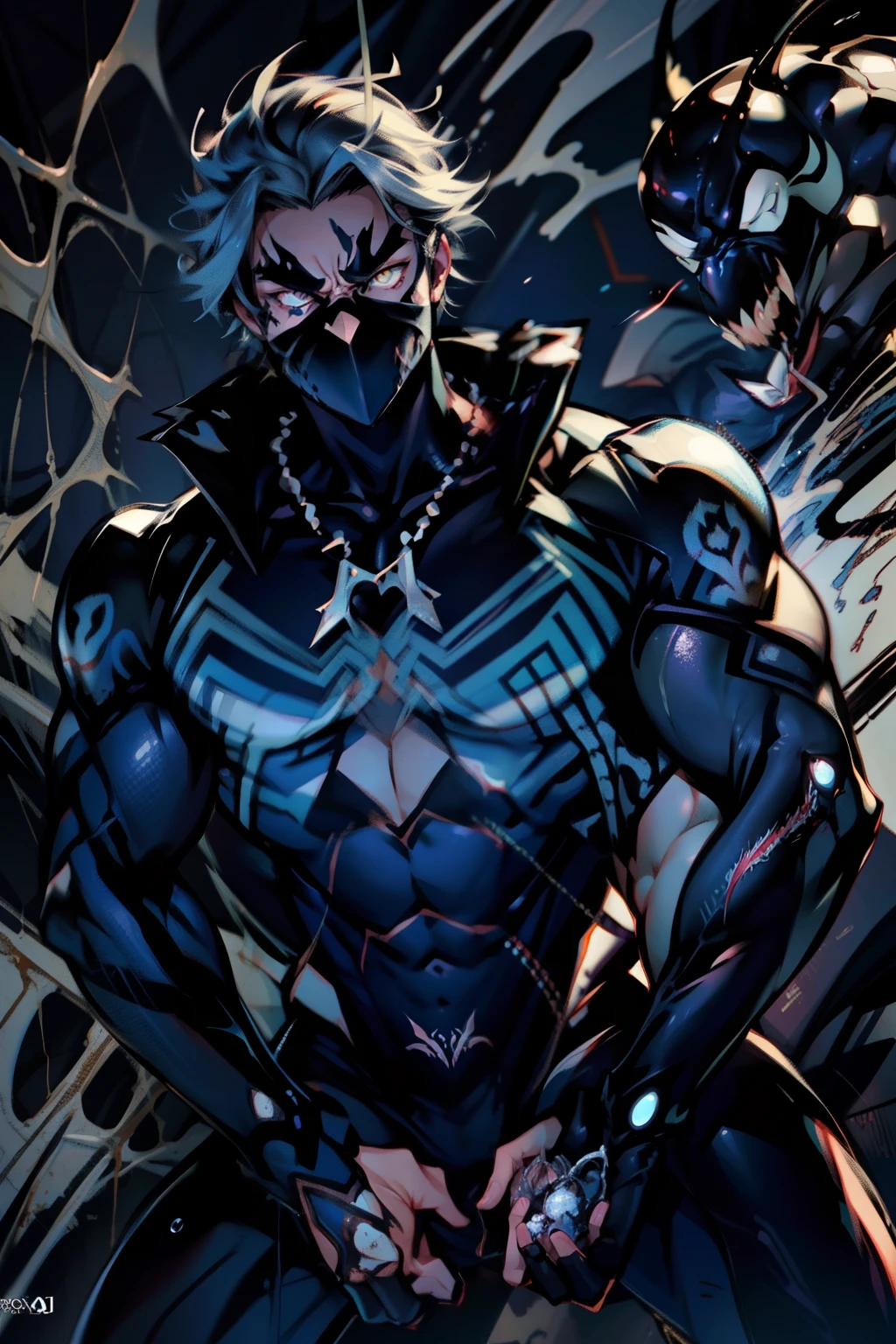 《the original god》Arataki Kazuto , male people, chest muscle, Sexy , Venom symbiote for your body, Black mucus of the body , into venom, venomize,Black bodysuit,(Cloak),Red cape,Abs,(Adult male)((Venom possession,venom symbiote)),over-Tortoise Man,Battle damage,((Masterpiece)), ((Best quality)), Ultra detailed,((illustration)), Dynamic Angle, Detailed light, (Delicate eyes), Floating, 1boy, Male focus, Head, Clothing, Yellow eyes, necklace, tattoo, (Forehead:0.8), (ahoge:0.8), jewelry, brunette color hair,apathy,Ray, chest muscle, Sexy , Venom symbiote for your body, Black mucus of the body , (into venom), Venom,frontage,Bust photo,White tight-fitting top,spiderman outfit,style of anime4 K, 4K anime wallpaper, Badass anime 8 K, 4 k comic wallpaper, young anime man, Anime boys, Anime wallpapers 4 k, Anime wallpaper 4K, High quality anime art style, Anime moe art style, Anime art wallpaper 8 K, Anime art wallpaper 4 K, RGB lighting,