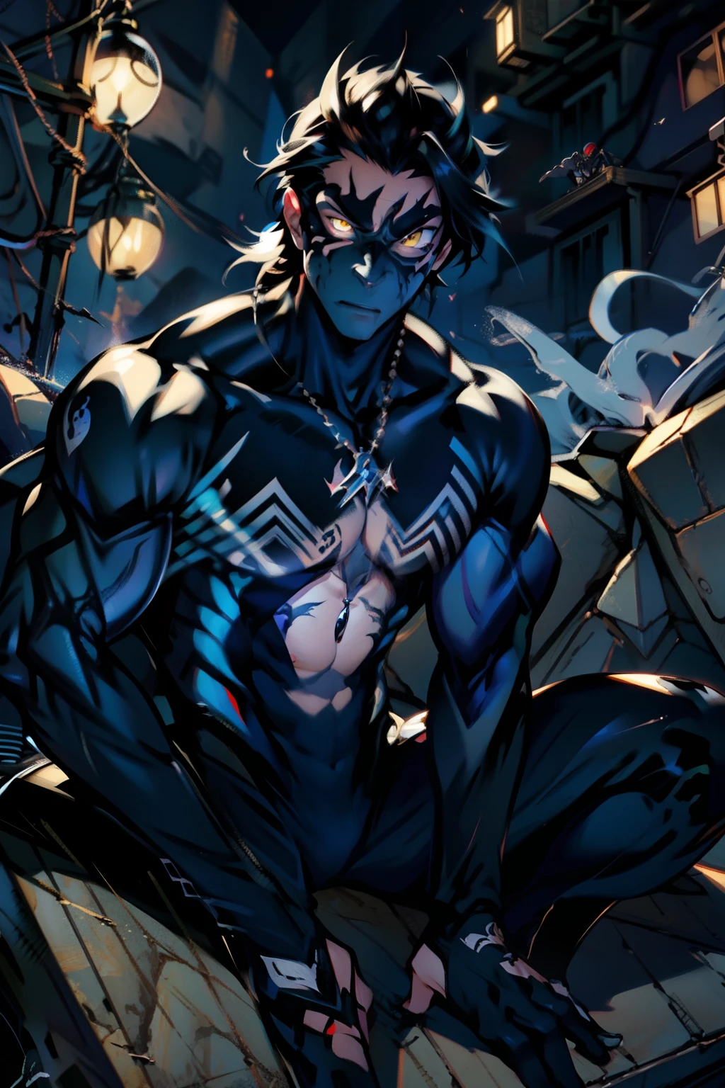 《the original god》Arataki Kazuto , male people， chest muscle， Sexy , Venom symbiote for your body, Black mucus of the body , into venom, venomize，Black bodysuit，（Cloak），Red cape，Abs，（Adult male）（（Venom possession，venom symbiote）），over-Tortoise Man，Battle damage，((Masterpiece)), ((Best quality)), Ultra detailed,((illustration)), Dynamic Angle, Detailed light, (Delicate eyes), Floating, 1boy, Male focus, Head, Clothing, Yellow eyes, necklace, tattoo, (Forehead:0.8), (ahoge:0.8), jewelry, brunette color hair,apathy，Ray， chest muscle， Sexy , Venom symbiote for your body, Black mucus of the body , （into venom）, Venom，frontage，Bust photo，White tight-fitting top，spiderman outfit，style of anime4 K， 4K anime wallpaper， Badass anime 8 K， 4 k comic wallpaper， young anime man， Anime boys， Anime wallpapers 4 k， Anime wallpaper 4K， High quality anime art style， Anime moe art style， Anime art wallpaper 8 K， Anime art wallpaper 4 K， RGB lighting，