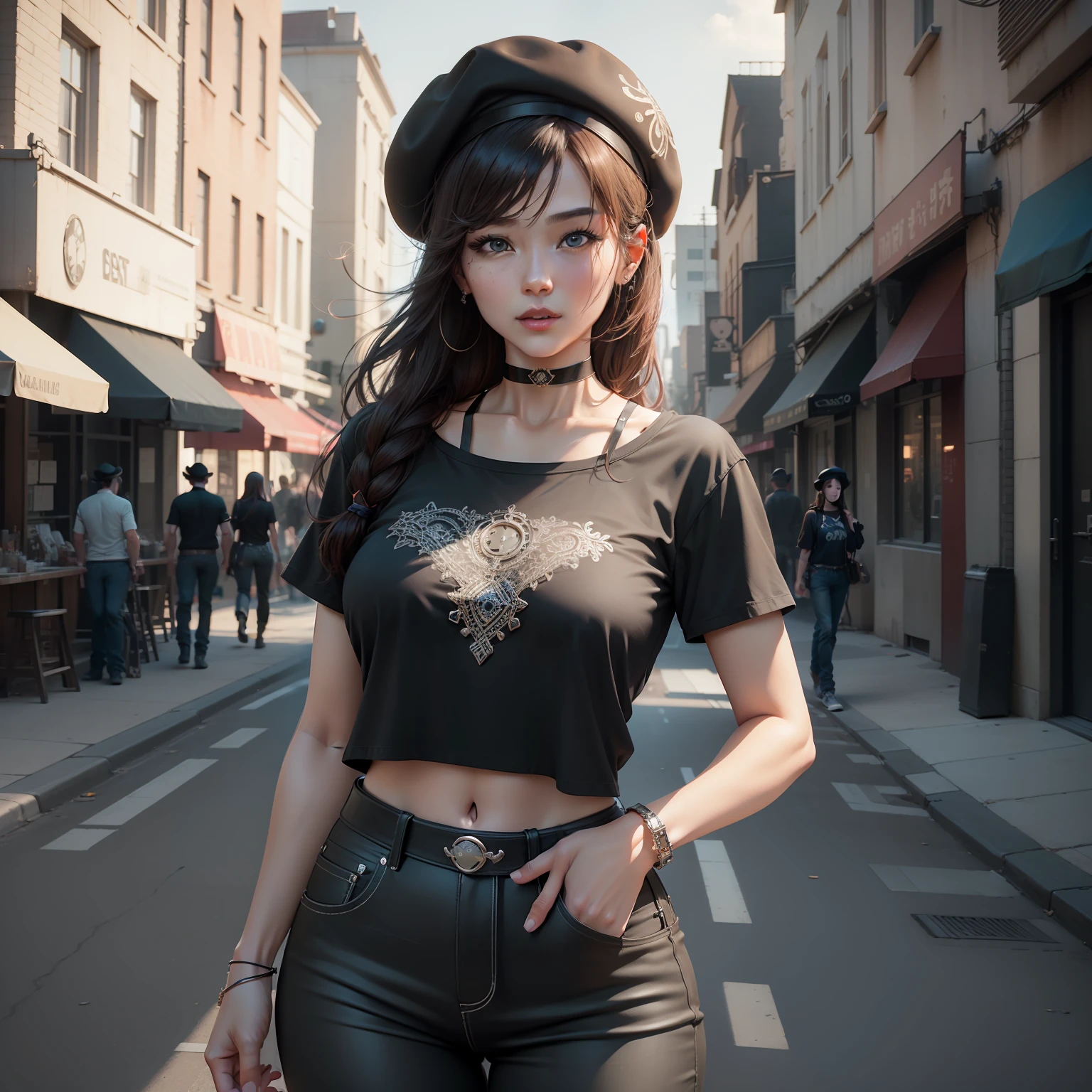 apinkhayoung, urban, streets, (day:1.1), RAW,(8k, best quality, masterpiece:1.2),(intricate details:1.4),(photorealistic:1.4),octane render, complex 3d render ultra detailed, studio soft light, rim light, vibrant details, ultra detailed, realistic skin texture, detailed face, beautiful detailed eyes, extremely detailed CG unity 8k wallpaper, makeup, (detailed background:1.2), (cowboy shot:1.2),(perfect anatomy:1.2),(wide hip:1.1),(black t-shirt, pants, choker, beret:1.2),