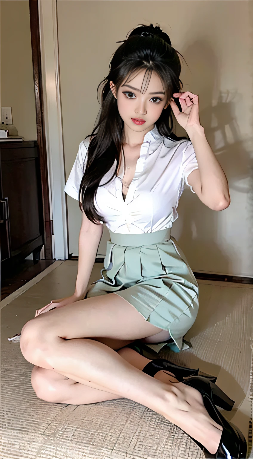 Master quality, highest quality, best picture quality, exaggerated details, goddess of moonlight cute 8 year old asian little girl with a shy expression, slightly squinted eyes, adjusting her hair, long eyelashes (long hair / very, very exaggerated big breasts, big tits / in uniform, open v chest clothes, short skirt dress tissue, ), posing sit in front of the camera, wet breast hanfu open v chest clothes, full body xianxia, high heel diamond, erotic, lolita ,
