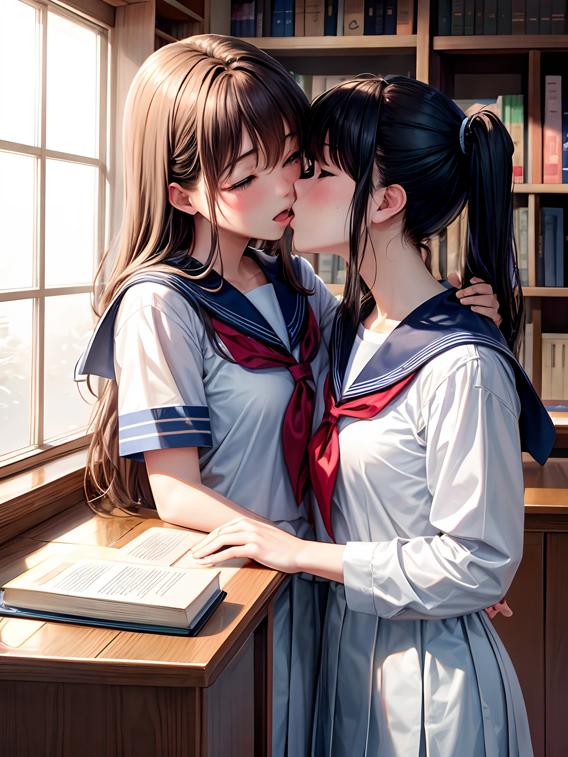 lighting like a movie、High school girls kissing each other、a sailor suit、book library、