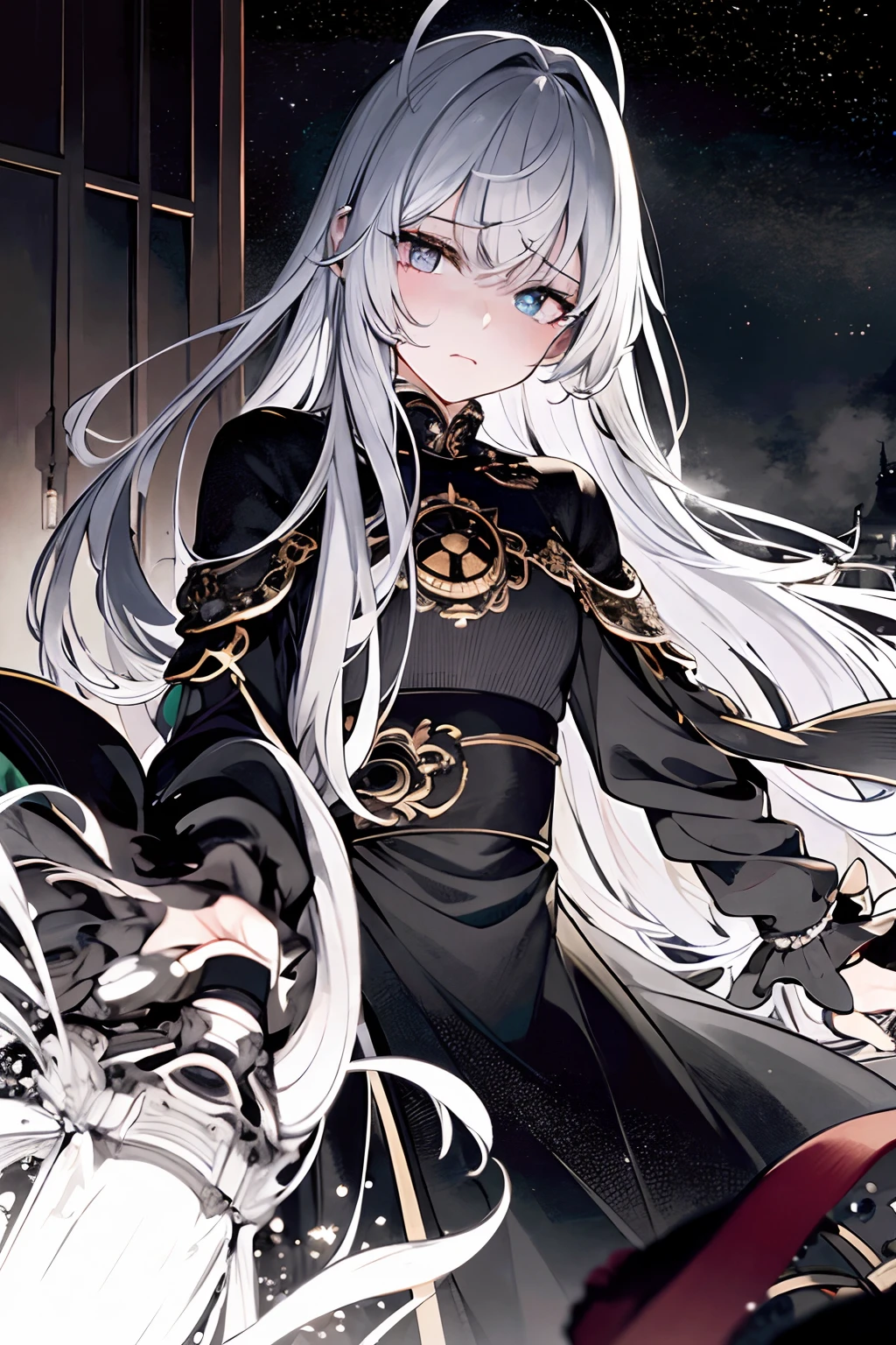 top-quality、masterpiece、Highly detailed 4K photorealistic girl photos+Niō Standing、starrysky、black-and-white、Glaring eyes、Futuristic、Teary-eyed、buliding、Atmospheric flow、silhuette、A quiet