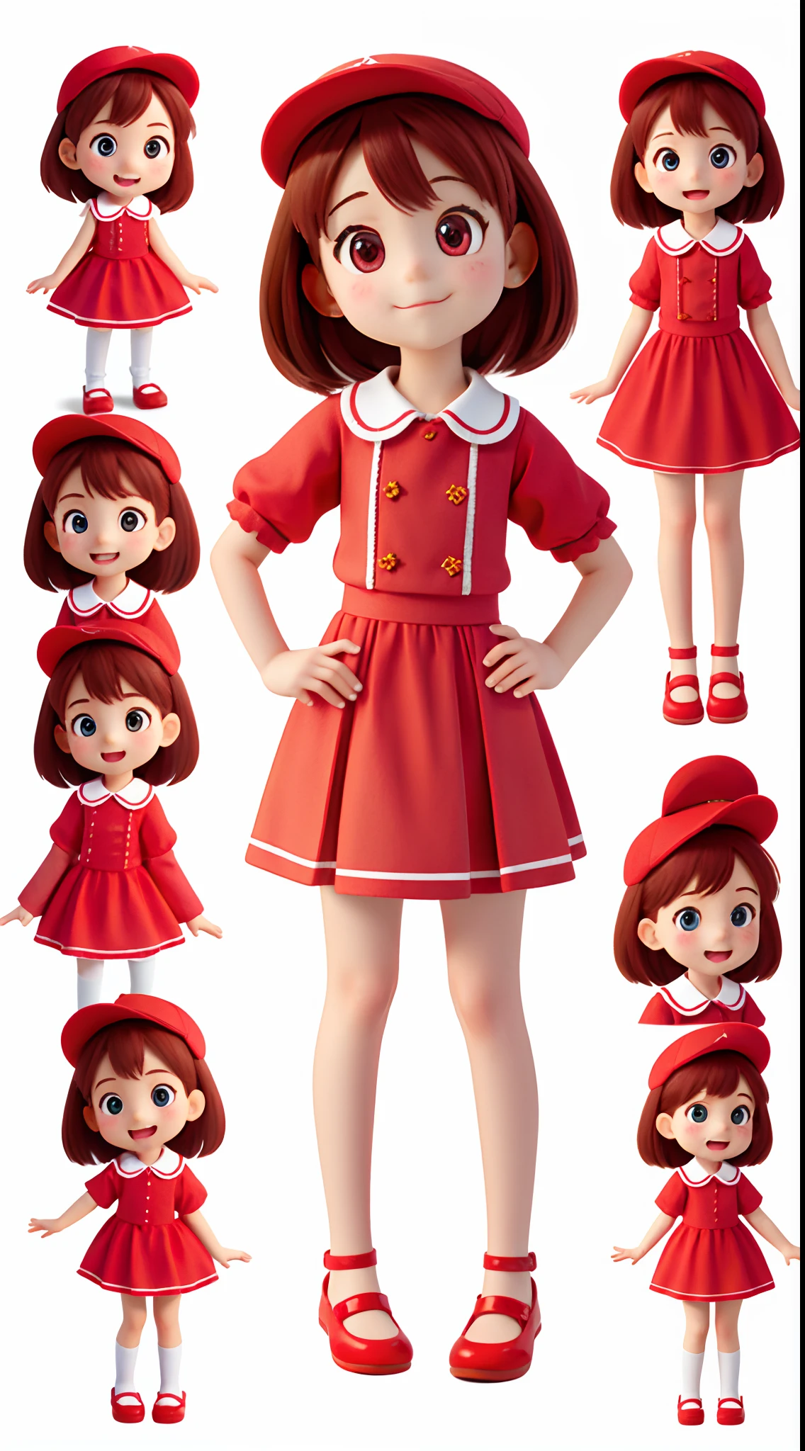 Little girl character, 7 poses and expressions, for 6 years old, Red dress, Red clothes, 児童書, Illustration style, full bodyesbian