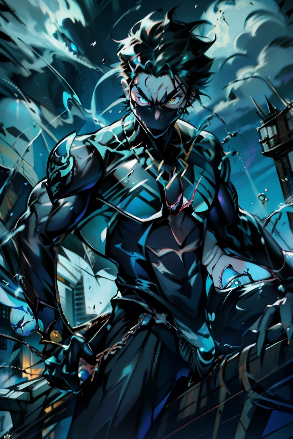 《the original god》Arataki Kazuto , male people， chest muscle， Sexy , Venom symbiote for your body, Black mucus of the body , into venom, venomize，Black bodysuit，（Cloak），Red cape，Abs，（Adult male）（（Venom possession，venom symbiote）），over-Tortoise Man，Battle damage，((Masterpiece)), ((Best quality)), Ultra detailed,((illustration)), Dynamic Angle, Detailed light, (Delicate eyes), Floating, 1boy, Male focus, Head, Clothing, Yellow eyes, necklace, tattoo, (Forehead:0.8), (ahoge:0.8), jewelry, brunette color hair,apathy，Ray， chest muscle， Sexy , Venom symbiote for your body, Black mucus of the body , （into venom）, Venom，frontage，Bust photo，White tight-fitting top，spiderman outfit，style of anime4 K， 4K anime wallpaper， Badass anime 8 K， 4 k comic wallpaper， young anime man， Anime boys， Anime wallpapers 4 k， Anime wallpaper 4K， High quality anime art style， Anime moe art style， Anime art wallpaper 8 K， Anime art wallpaper 4 K， RGB lighting，