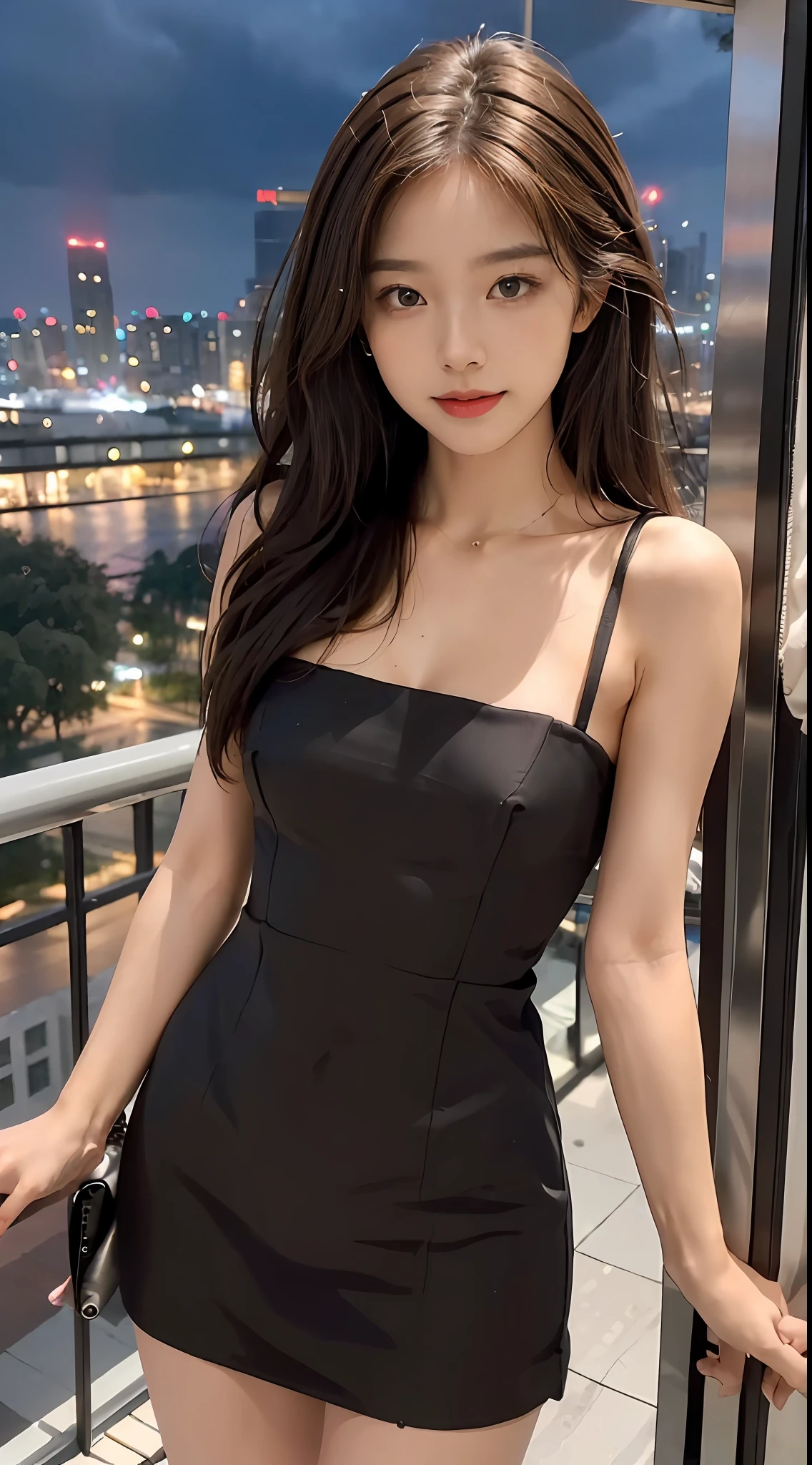 ((Best picture quality, 8K, tmasterpiece: 1.3)), self-shot, Sharp focus: 1.2, A cute beauty with a perfect figure: 1.4, Slim big breasts, ((Brown hair black)) , (Small transparent dress,Highly detailed face,Happy expression,standing on your feet:1.2),((Night view of the rainy city,balcony simple:1.3. Produced with a major focus on women)),Highly detailed facial and skin texture,Detailed eyes,二重まぶた