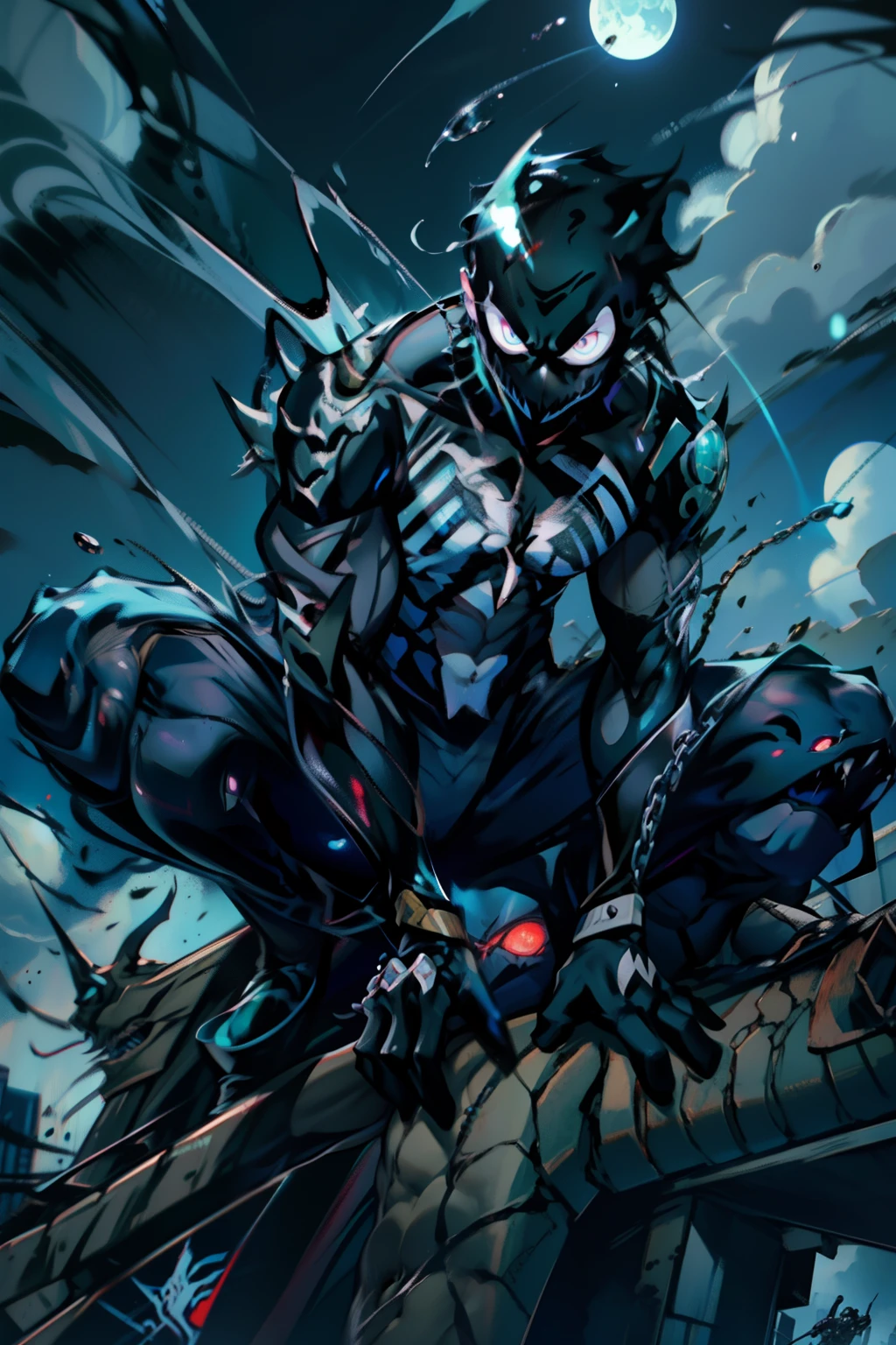 《the original god》Arataki Kazuto , male people， chest muscle， Sexy , Venom symbiote for your body, Black mucus of the body , into venom, venomize，Black bodysuit，（Cloak），Red cape，Abs，（Adult male）（（Venom possession，venom symbiote）），over-Tortoise Man，Battle damage，((Masterpiece)), ((Best quality)), Ultra detailed,((illustration)), Dynamic Angle, Detailed light, (Delicate eyes), Floating, 1boy, Male focus, Head, Clothing, Yellow eyes, necklace, tattoo, (Forehead:0.8), (ahoge:0.8), jewelry, brunette color hair,apathy，Ray， chest muscle， Sexy , Venom symbiote for your body, Black mucus of the body , （into venom）, Venom，frontage，Bust photo，White tight-fitting top，spiderman outfit，style of anime4 K， 4K anime wallpaper， Badass anime 8 K， 4 k comic wallpaper， young anime man， Anime boys， Anime wallpapers 4 k， Anime wallpaper 4K， High quality anime art style， Anime moe art style， Anime art wallpaper 8 K， Anime art wallpaper 4 K， RGB lighting，