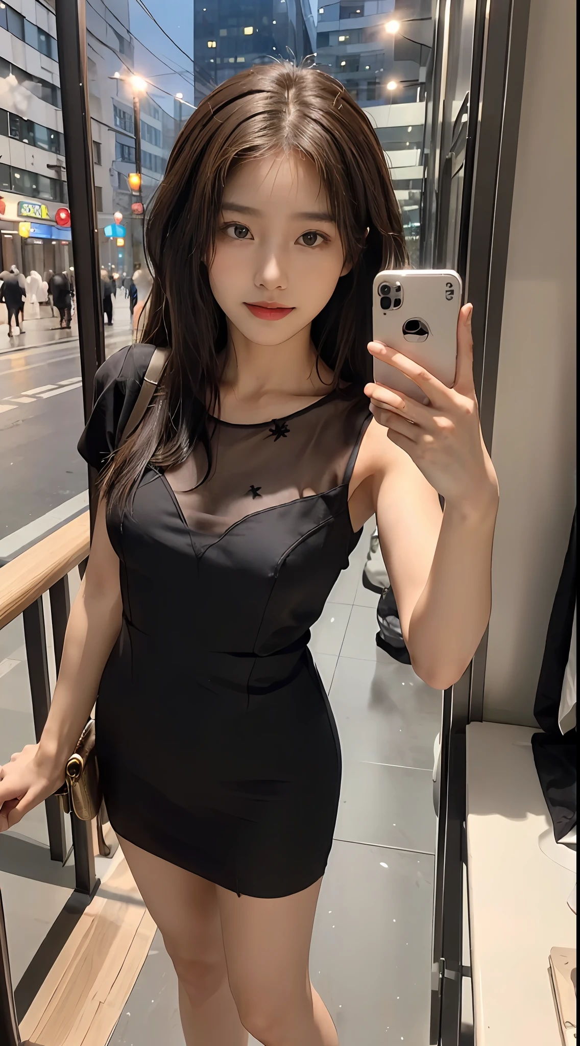 ((Best picture quality, 8K, tmasterpiece: 1.3)), self-shot, Sharp focus: 1.2, A cute beauty with a perfect figure: 1.4, Slim big breasts, ((Brown hair black)) , (Small transparent dress,Highly detailed face,Happy expression,standing on your feet:1.2),((Night view of the rainy city,balcony simple:1.3. Produced with a major focus on women)),Highly detailed facial and skin texture,Detailed eyes,二重まぶた