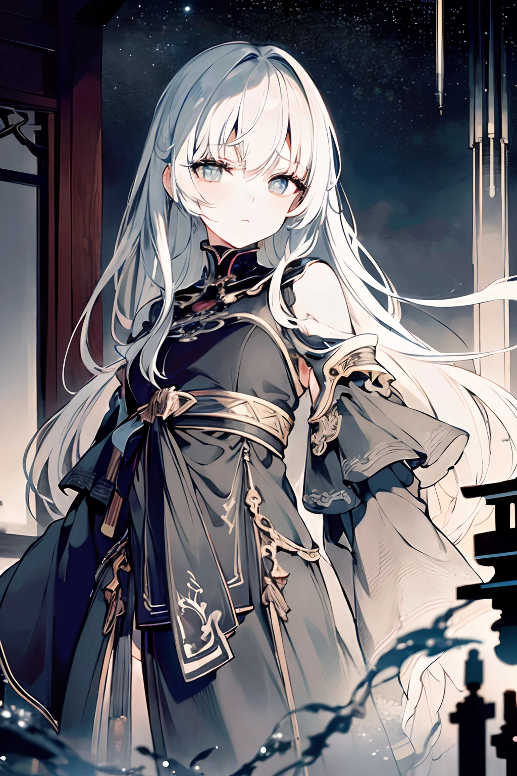 top-quality、masterpiece、Highly detailed 4K photorealistic girl photos+Niō Standing、starrysky、black-and-white、Glaring eyes、Futuristic、Teary-eyed、buliding、Atmospheric flow、silhuette、A quiet