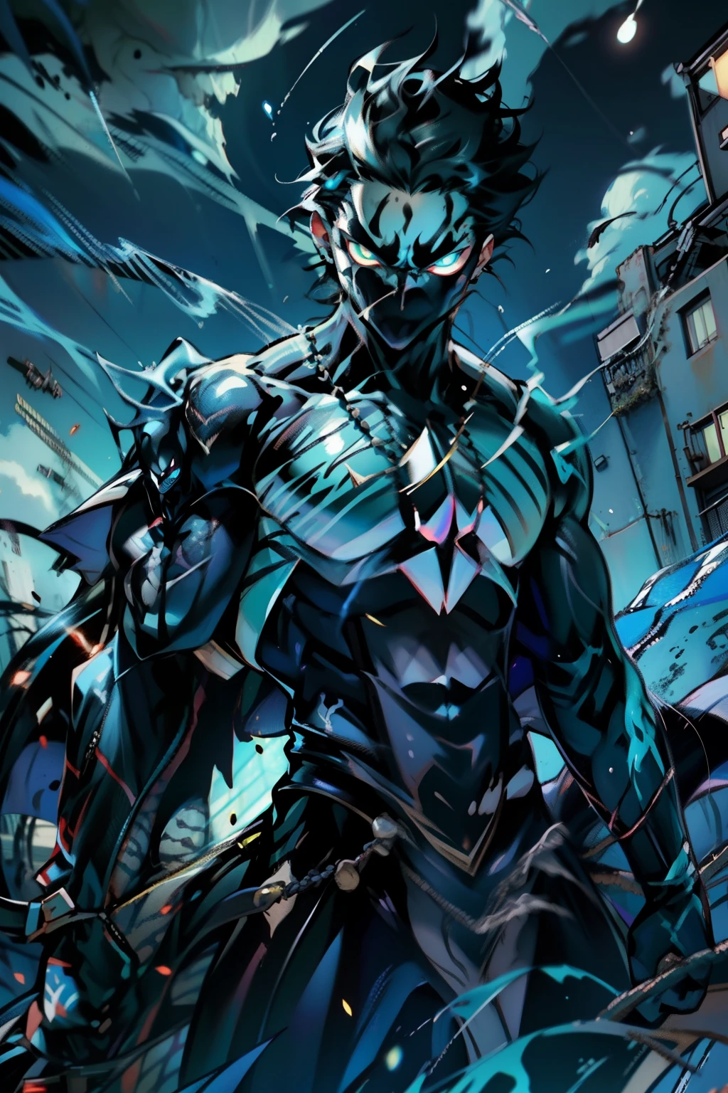 《the original god》Arataki Kazuto , male people， chest muscle， Sexy , Venom symbiote for your body, Black mucus of the body , into venom, venomize，Black bodysuit，（Cloak），Red cape，Abs，（Adult male）（（Venom possession，venom symbiote）），over-Tortoise Man，Battle damage，((Masterpiece)), ((Best quality)), Ultra detailed,((illustration)), Dynamic Angle, Detailed light, (Delicate eyes), Floating, 1boy, Male focus, Head, Clothing, Yellow eyes, necklace, tattoo, (Forehead:0.8), (ahoge:0.8), jewelry, brunette color hair,apathy，Ray， chest muscle， Sexy , Venom symbiote for your body, Black mucus of the body , （into venom）, Venom，frontage，Bust photo，White tight-fitting top，spiderman outfit，style of anime4 K， 4K anime wallpaper， Badass anime 8 K， 4 k comic wallpaper， young anime man， Anime boys， Anime wallpapers 4 k， Anime wallpaper 4K， High quality anime art style， Anime moe art style， Anime art wallpaper 8 K， Anime art wallpaper 4 K， RGB lighting，