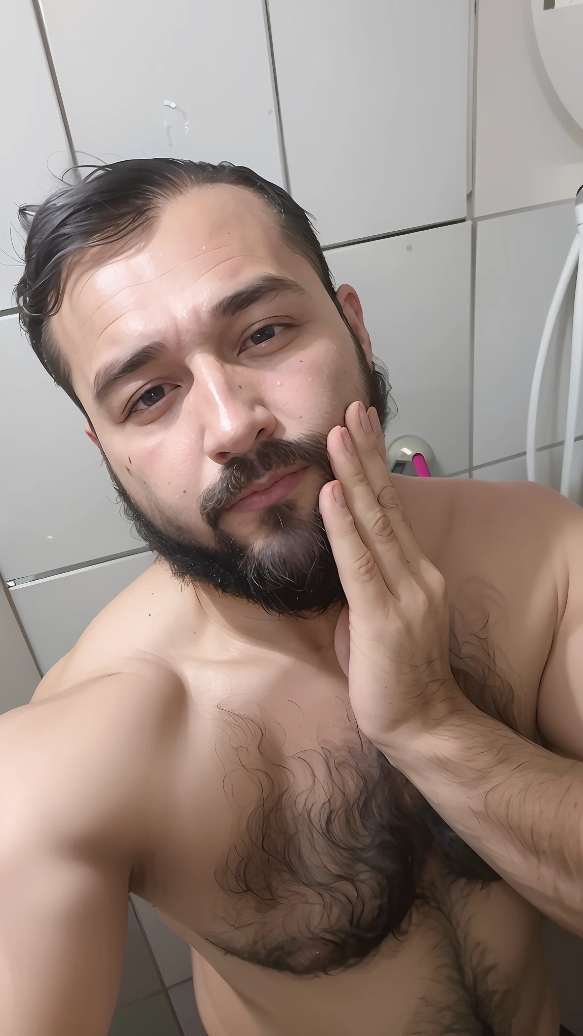 there is a man with a beard and no shirt in a bathroom, (38 anos), 3 2 anos, messy beard, pele suada!!, Homem de 4 0 anos, barba curta, caio santos, 2 8 anos, 2 9 anos, 2 7 anos, barba cheia, Unshaven, barba raspada, 38 anos