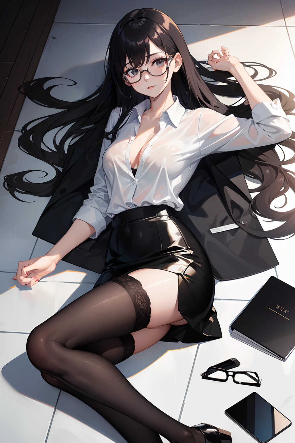night, rain, 1 girl, plain white shirt, black stockings, short black pencil skirt, half body model, elegant, beautiful, wet, lying on floor, glasses, unbutton shirt