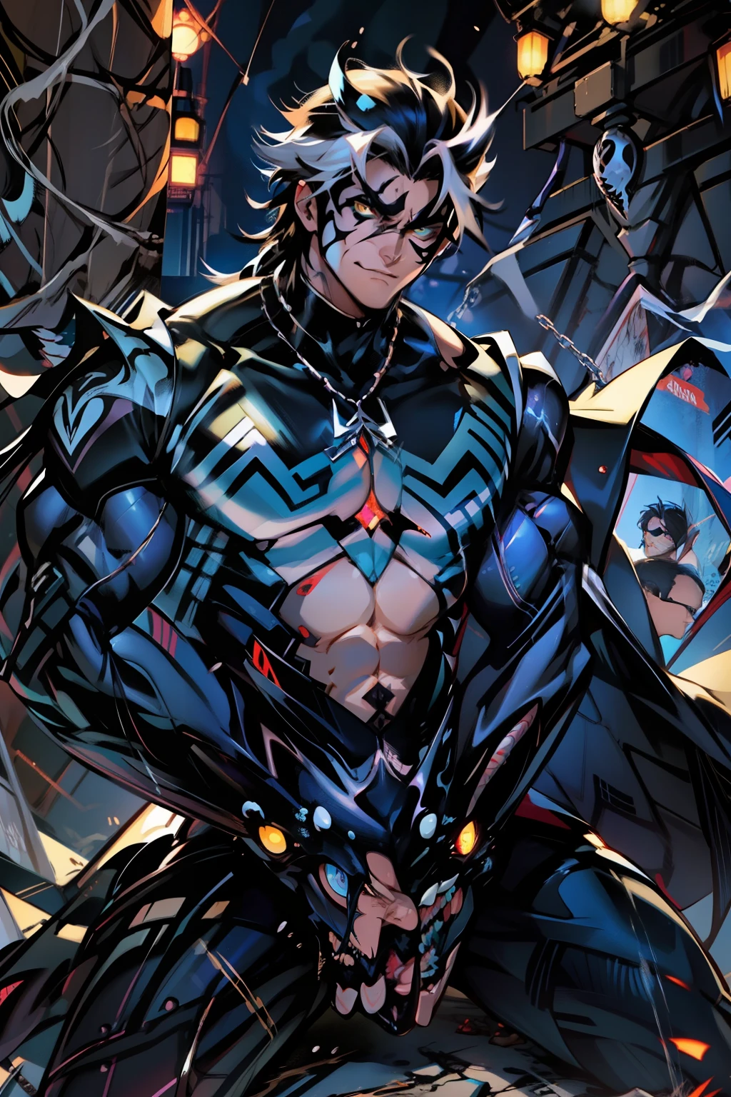 《the original god》Arataki Kazuto , male people, chest muscle, Sexy , Venom symbiote for your body, Black mucus of the body , into venom, venomize,Black bodysuit,(Cloak),Red cape,Abs,(Adult male)((Venom possession,venom symbiote)),over-Tortoise Man,Battle damage,((Masterpiece)), ((Best quality)), Ultra detailed,((illustration)), Dynamic Angle, Detailed light, (Delicate eyes), Floating, 1boy, Male focus, Head, Clothing, Yellow eyes, necklace, tattoo, (Forehead:0.8), (ahoge:0.8), jewelry, brunette color hair,apathy,Ray, chest muscle, Sexy , Venom symbiote for your body, Black mucus of the body , (into venom), Venom,frontage,Bust photo,White tight-fitting top,spiderman outfit,style of anime4 K, 4K anime wallpaper, Badass anime 8 K, 4 k comic wallpaper, young anime man, Anime boys, Anime wallpapers 4 k, Anime wallpaper 4K, High quality anime art style, Anime moe art style, Anime art wallpaper 8 K, Anime art wallpaper 4 K, RGB lighting,