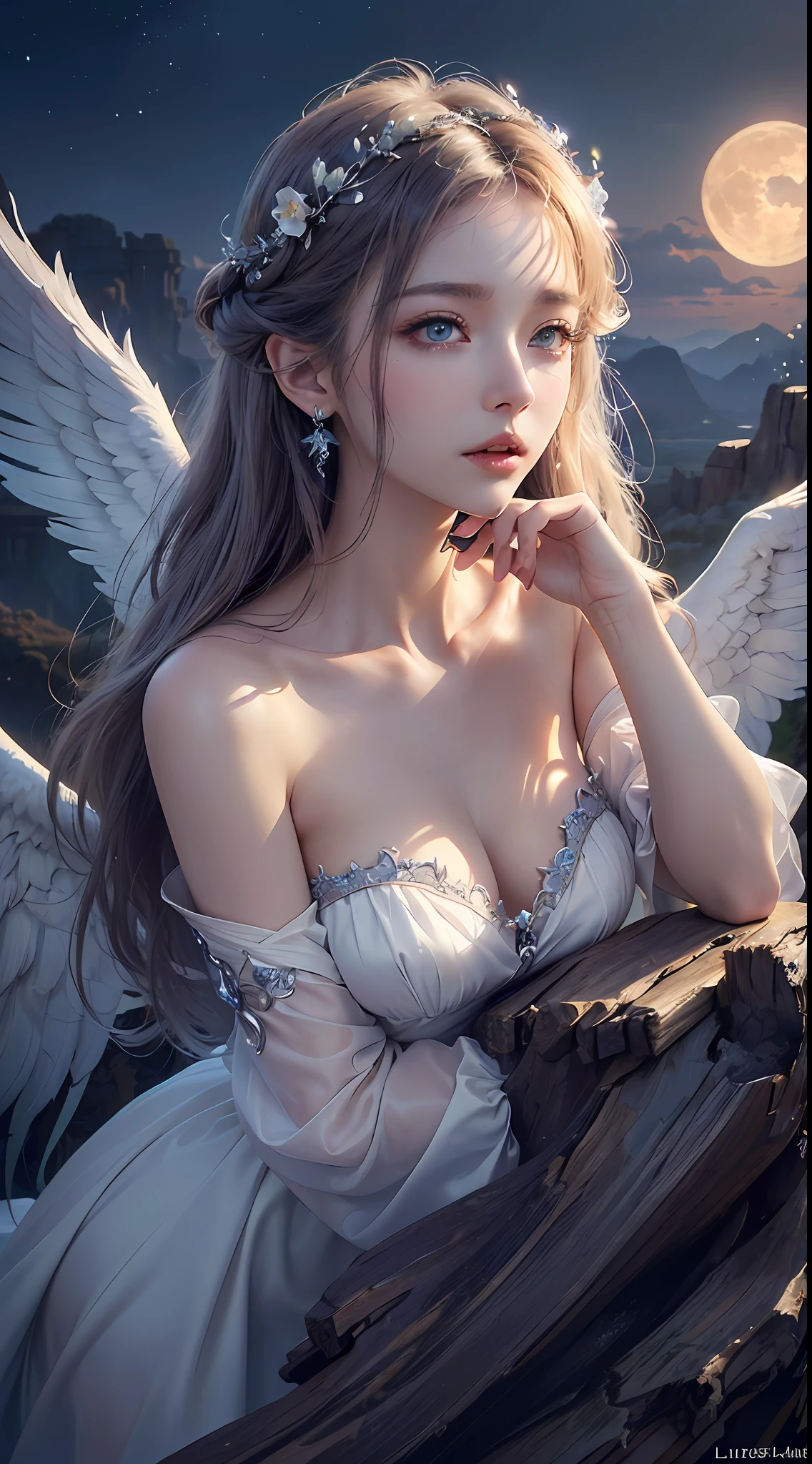 ((Need)), ((tmasterpiece)), (A detailed), Enchanting succubus, Ethereal beauty, Perched in clouds, (fantasy illustrations:1.3), Seductive gaze, captivating posture, delicate wings, otherworldly charm, Mysterious Sky, (Luis Royo:1.2), (Yoshitaka Amano:1.1), Moon Night, pastelcolor, (Detailed cloud view:1.3), (A high resolution:1.2),Close-up shot,Close-up shot,Black eyes,Detailed beautiful eyes,angelicales,White wings
