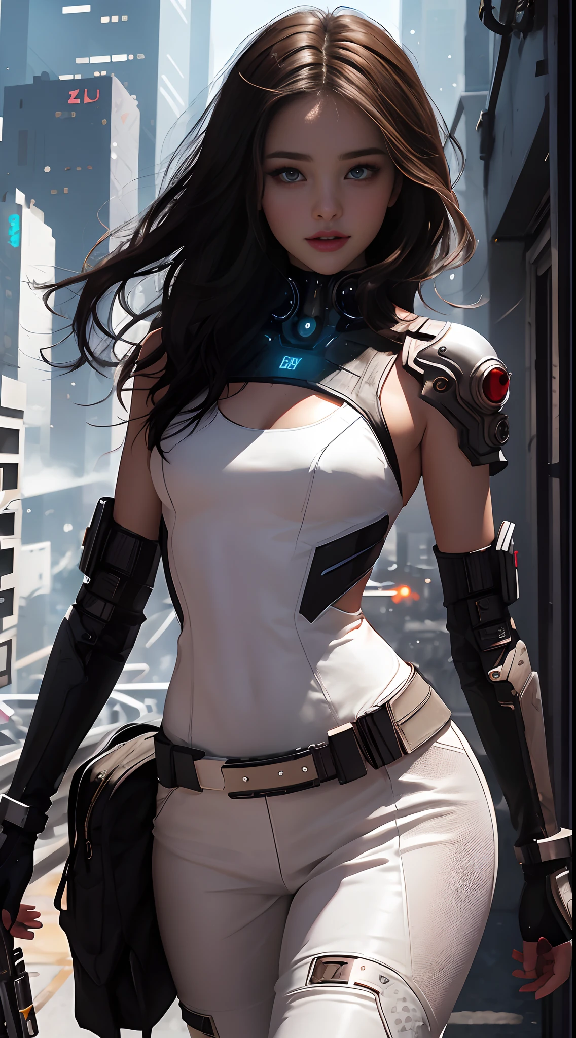 (Cate: female cyberpunk, 26 YO, Similar to Miranda Kerr & A perfect face & White cyberpunk dress & Full armor with pants & Ultra detailed hazel eyes & Tall & Slender & Pale skin & Dark brown hair cascading down to your shoulders & Small bust & hourglass figure, perfect hand)),| She Is Running On The Rooftops, Dynamic Poses, Background Futuristic Night City,|