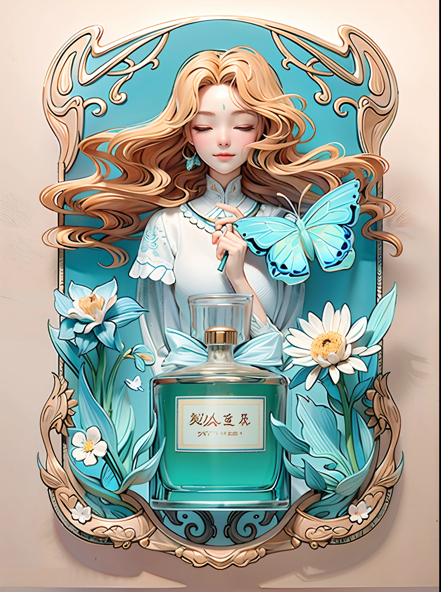 Best quality, Masterpiece, 超高分辨率, (Futuristic realism: 1.3), Ultra-clear facial details, (intricately details, Ultra detailed: 1.2), 1 girl (Eyes closed: 2), Blonde hair (Clear glass bottle: 1.4), Reflection (flower: 1.2), (Butterfly: 1.2) 1.1), Long hair, White, Holding flowers, The object,(Butterfly :1.1),(Soft light :1.1) Mountain background