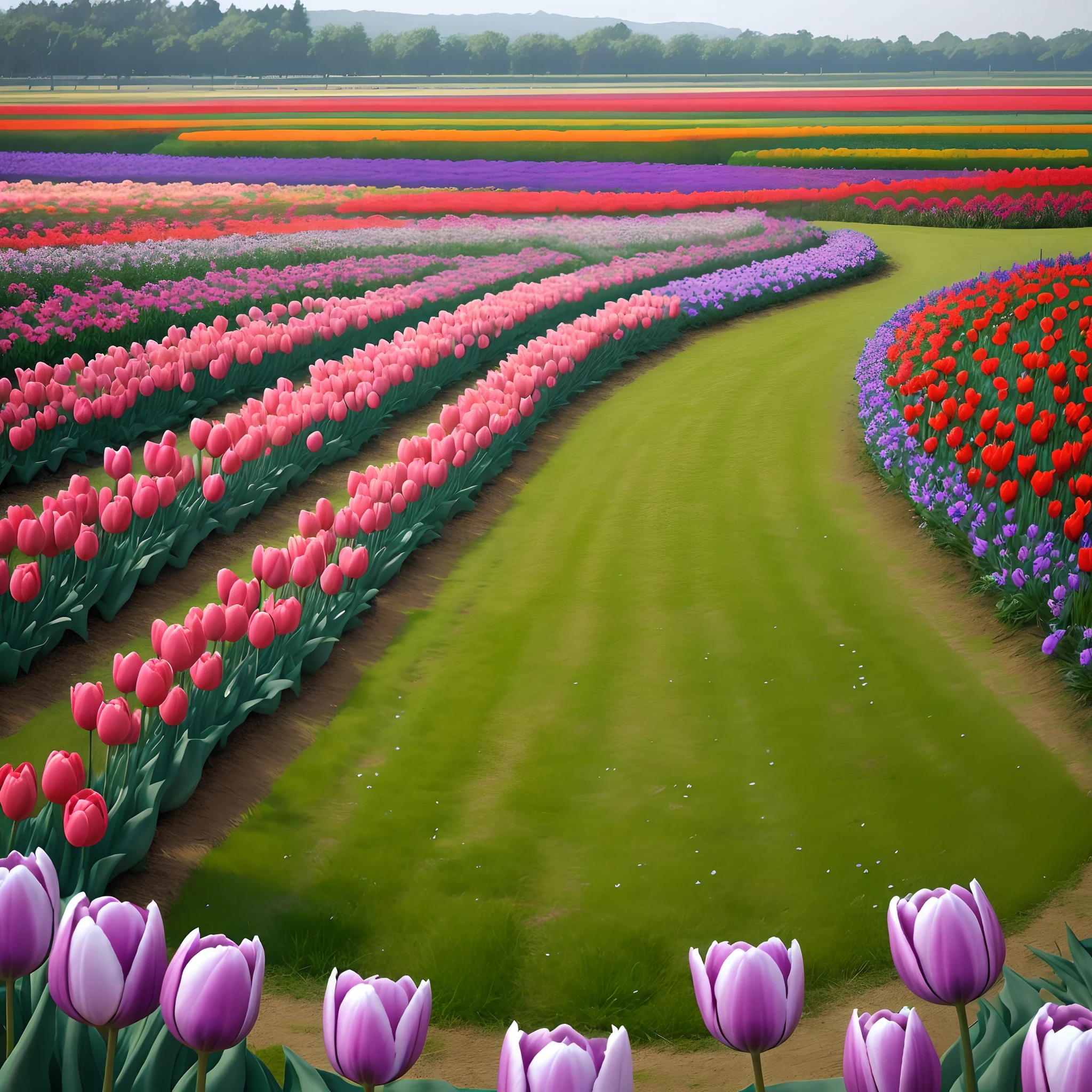 A  purple tulip flower garden inside lake