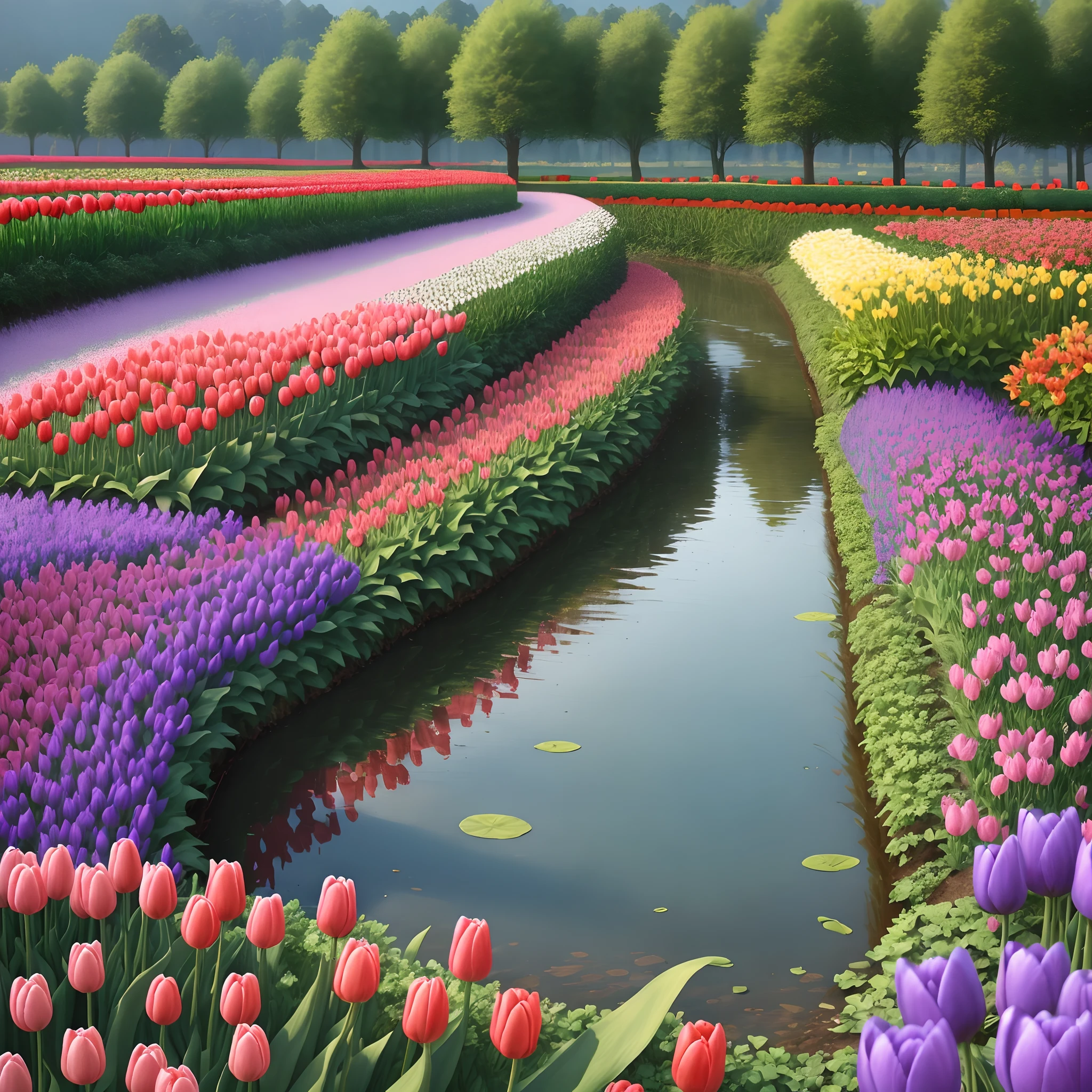 A  purple tulip flower garden inside lake