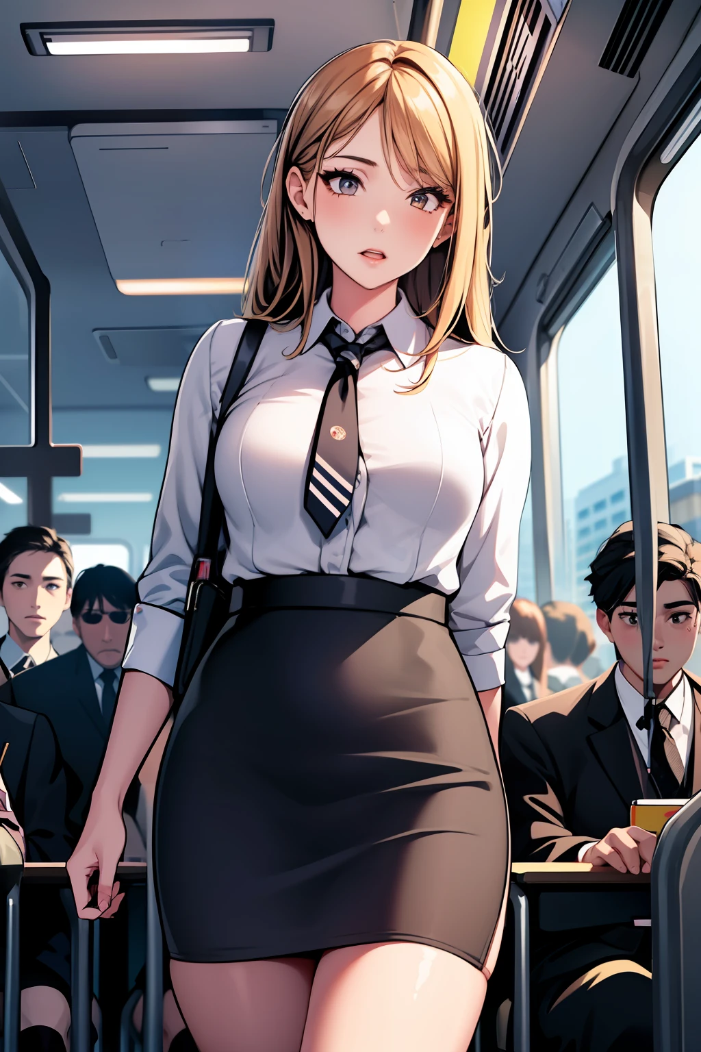 1girl, clothes tug, office lady, pencil skirt, skirt tug, miniskirt, skirt lift, bus interior, crowd, multiple boys,, masterpiece, best quality, highly detailed