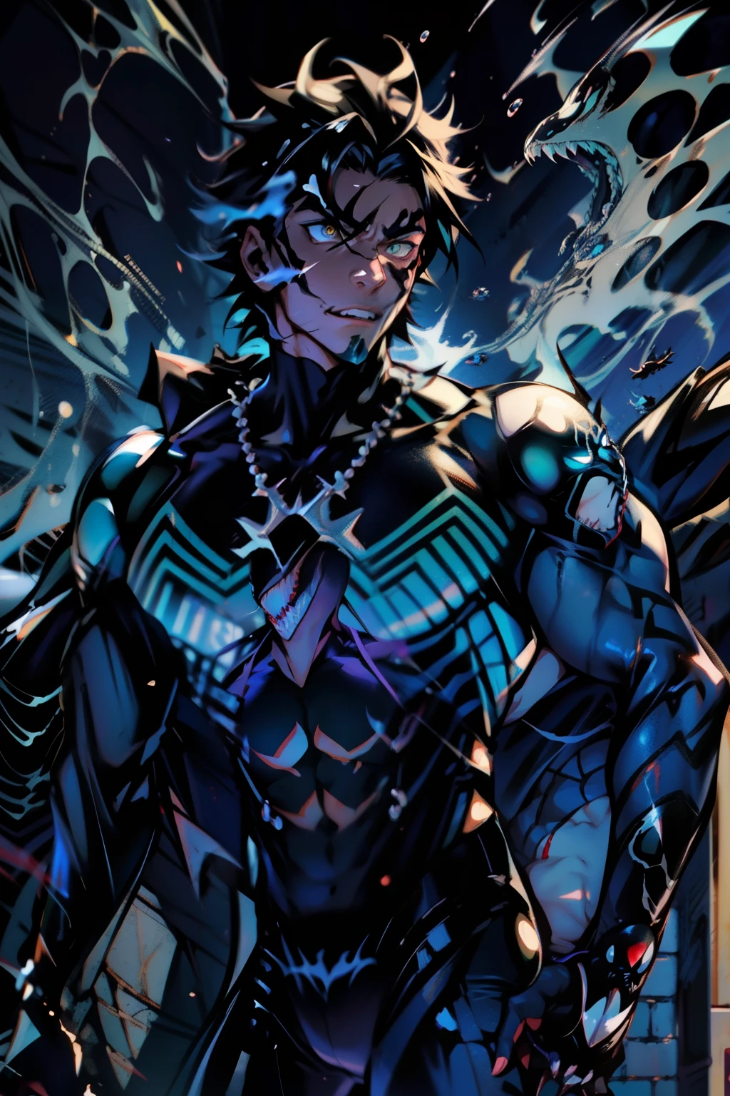《the original god》Arataki Kazuto , male people, chest muscle, Sexy , Venom symbiote for your body, Black mucus of the body , into venom, venomize,Black bodysuit,(Cloak),Red cape,Abs,(Adult male)((Venom possession,venom symbiote)),over-Tortoise Man,Battle damage,((Masterpiece)), ((Best quality)), Ultra detailed,((illustration)), Dynamic Angle, Detailed light, (Delicate eyes), Floating, 1boy, Male focus, Head, Clothing, Yellow eyes, necklace, tattoo, (Forehead:0.8), (ahoge:0.8), jewelry, brunette color hair,apathy,Ray, chest muscle, Sexy , Venom symbiote for your body, Black mucus of the body , (into venom), Venom,frontage,Bust photo,White tight-fitting top,spiderman outfit,style of anime4 K, 4K anime wallpaper, Badass anime 8 K, 4 k comic wallpaper, young anime man, Anime boys, Anime wallpapers 4 k, Anime wallpaper 4K, High quality anime art style, Anime moe art style, Anime art wallpaper 8 K, Anime art wallpaper 4 K, RGB lighting,