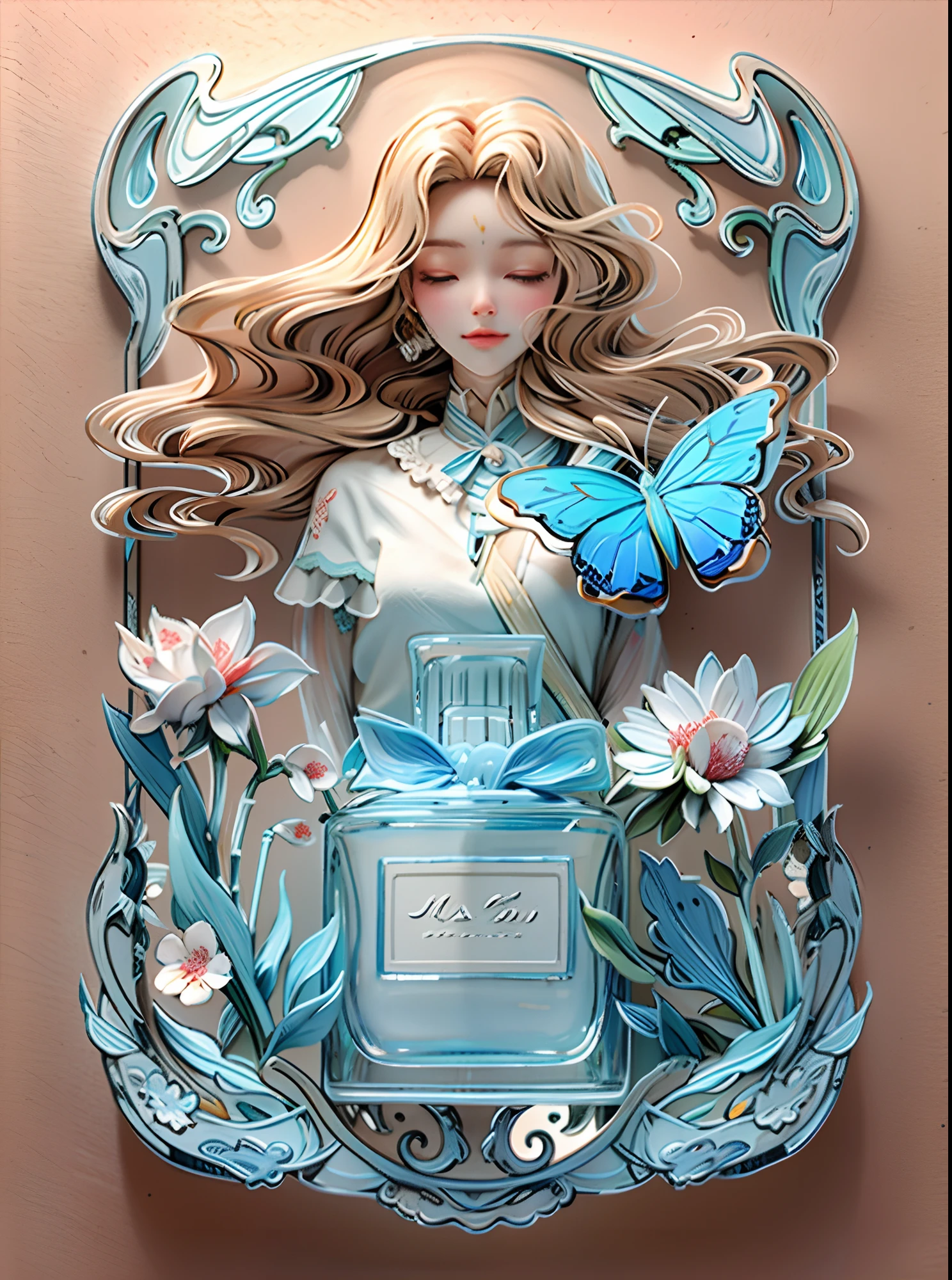 Best quality, Masterpiece, 超高分辨率, (Futuristic realism: 1.3), Ultra-clear facial details, (intricately details, Ultra detailed: 1.2), 1 girl (Eyes closed: 2), Blonde hair (Clear glass bottle: 1.4), Reflection (flower: 1.2), (Butterfly: 1.2) 1.1), Long hair, White, Holding flowers, The object,(Butterfly :1.1),(Soft light :1.1) Mountain background