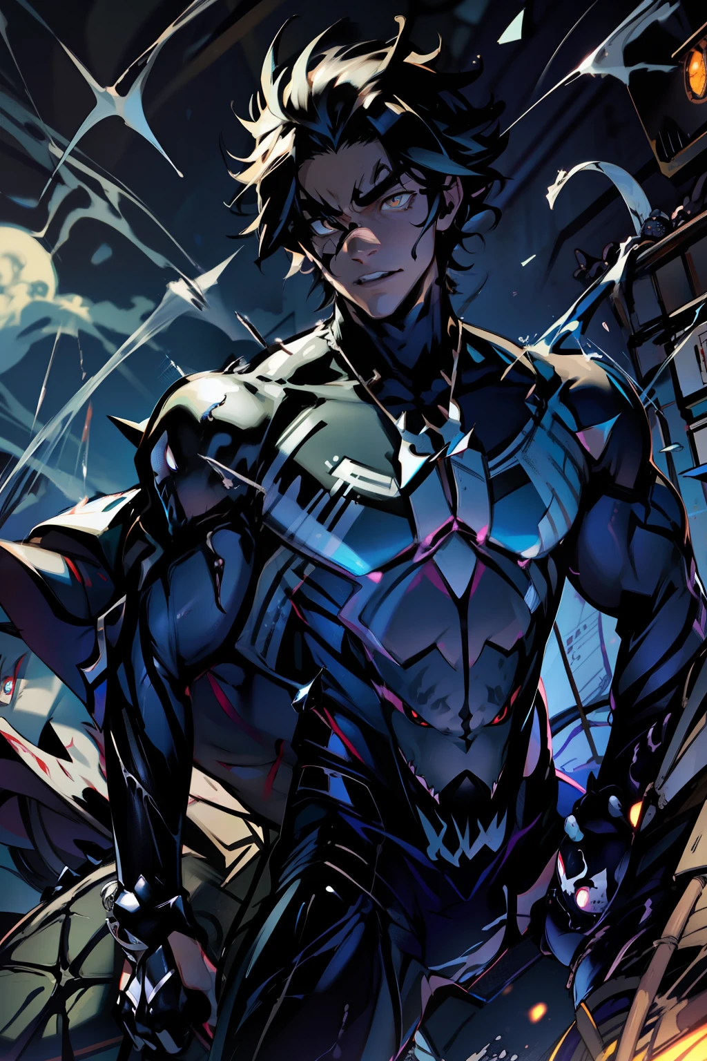 《the original god》Arataki Kazuto , male people, chest muscle, Sexy , Venom symbiote for your body, Black mucus of the body , into venom, venomize,Black bodysuit,(Cloak),Red cape,Abs,(Adult male)((Venom possession,venom symbiote)),over-Tortoise Man,Battle damage,((Masterpiece)), ((Best quality)), Ultra detailed,((illustration)), Dynamic Angle, Detailed light, (Delicate eyes), Floating, 1boy, Male focus, Head, Clothing, Yellow eyes, necklace, tattoo, (Forehead:0.8), (ahoge:0.8), jewelry, brunette color hair,apathy,Ray, chest muscle, Sexy , Venom symbiote for your body, Black mucus of the body , (into venom), Venom,frontage,Bust photo,White tight-fitting top,spiderman outfit,style of anime4 K, 4K anime wallpaper, Badass anime 8 K, 4 k comic wallpaper, young anime man, Anime boys, Anime wallpapers 4 k, Anime wallpaper 4K, High quality anime art style, Anime moe art style, Anime art wallpaper 8 K, Anime art wallpaper 4 K, RGB lighting,