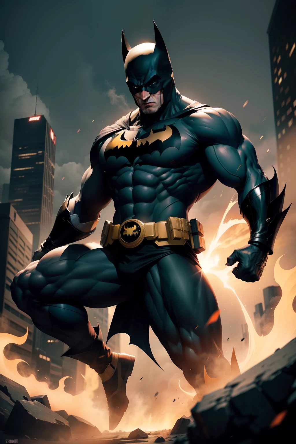 Batman fusion Goku A hero with martial arts skills and advanced technology, fundo com o tema, bem detalhado
