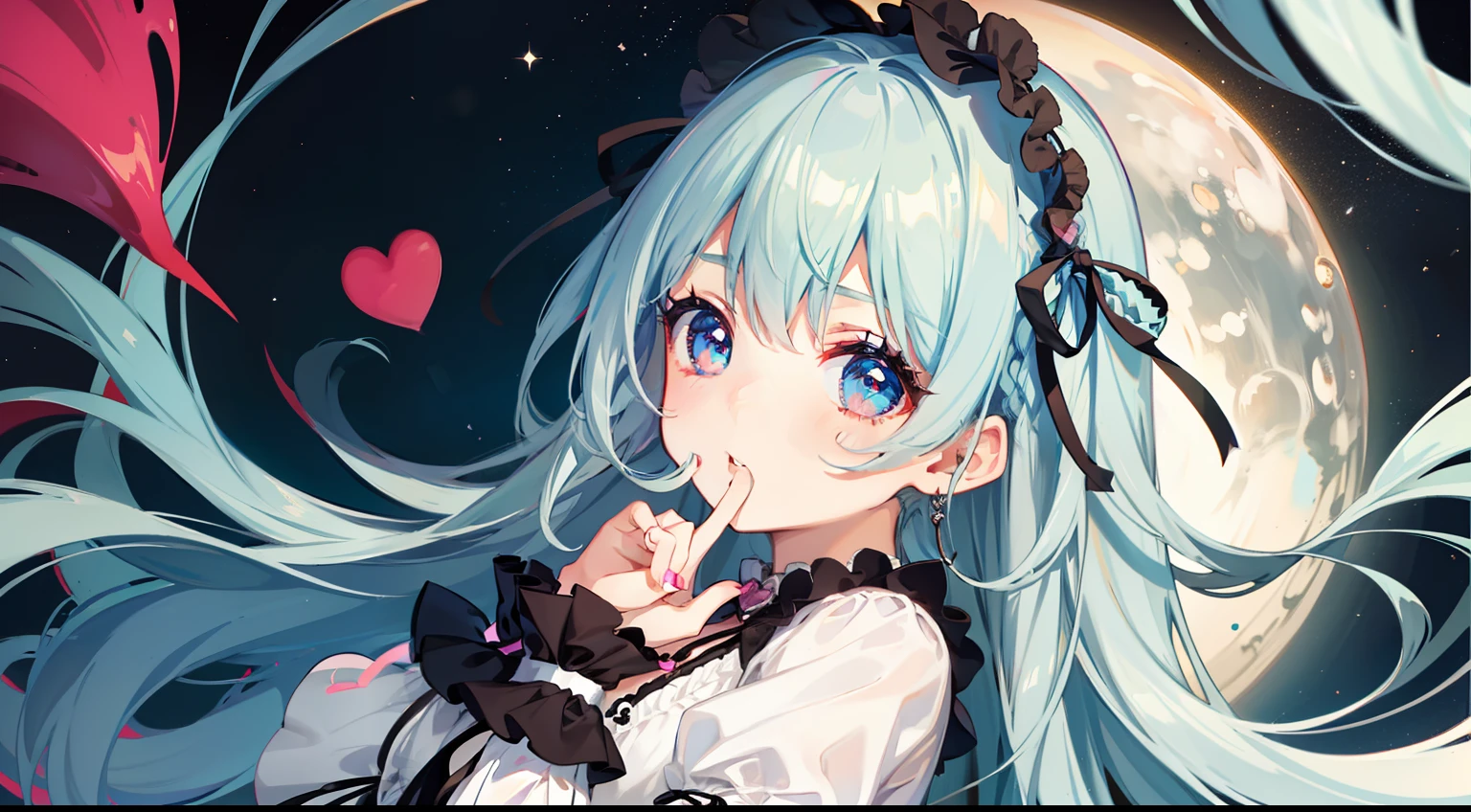 hand_to_mouth, adorable girl, artbook, night, colored inner hair, side braid, lolita hairband, expressionless, heart-shaped eyes,
