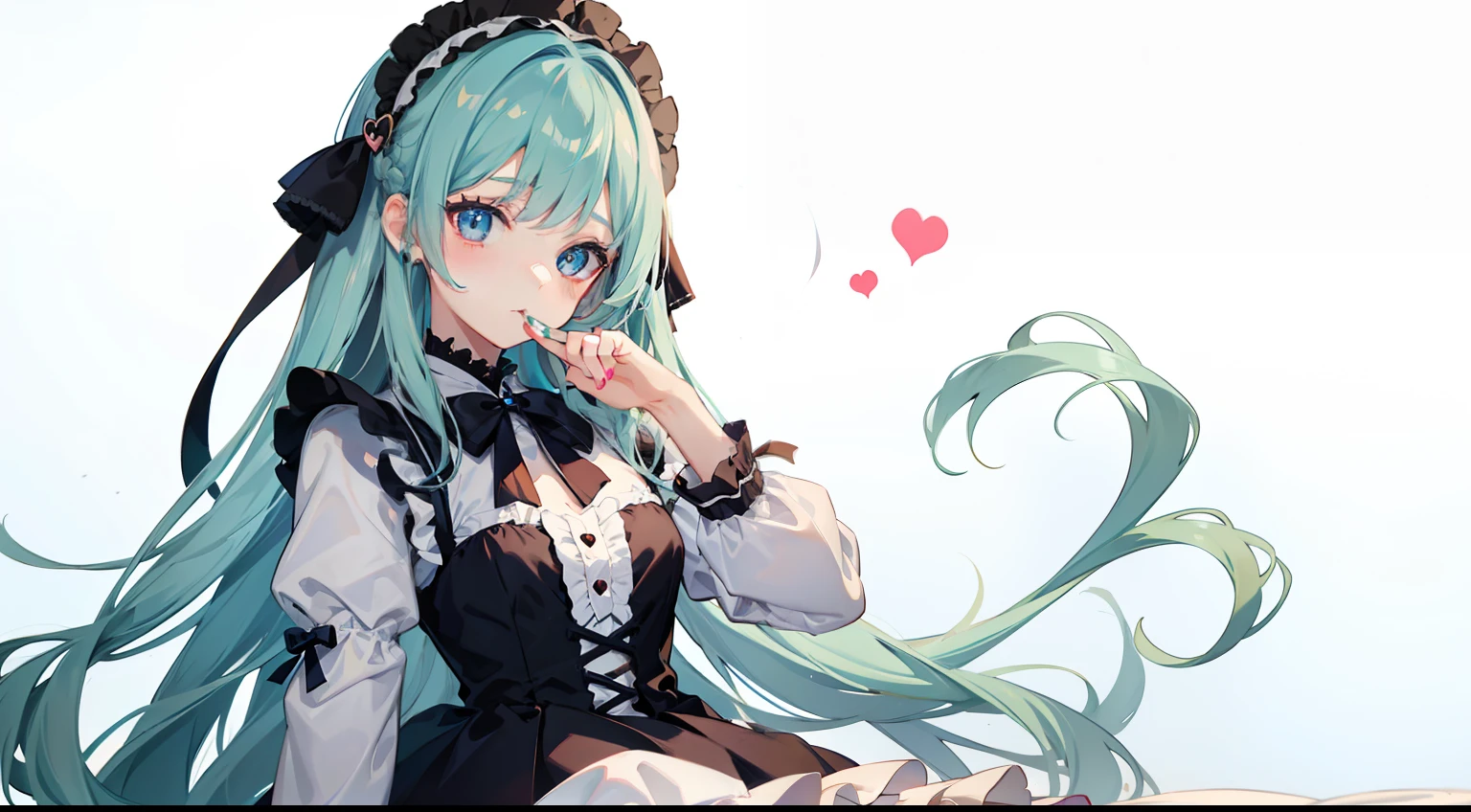 hand_to_mouth, adorable girl, artbook, night, colored inner hair, side braid, ta hairband, expressionless, heart-shaped eyes,