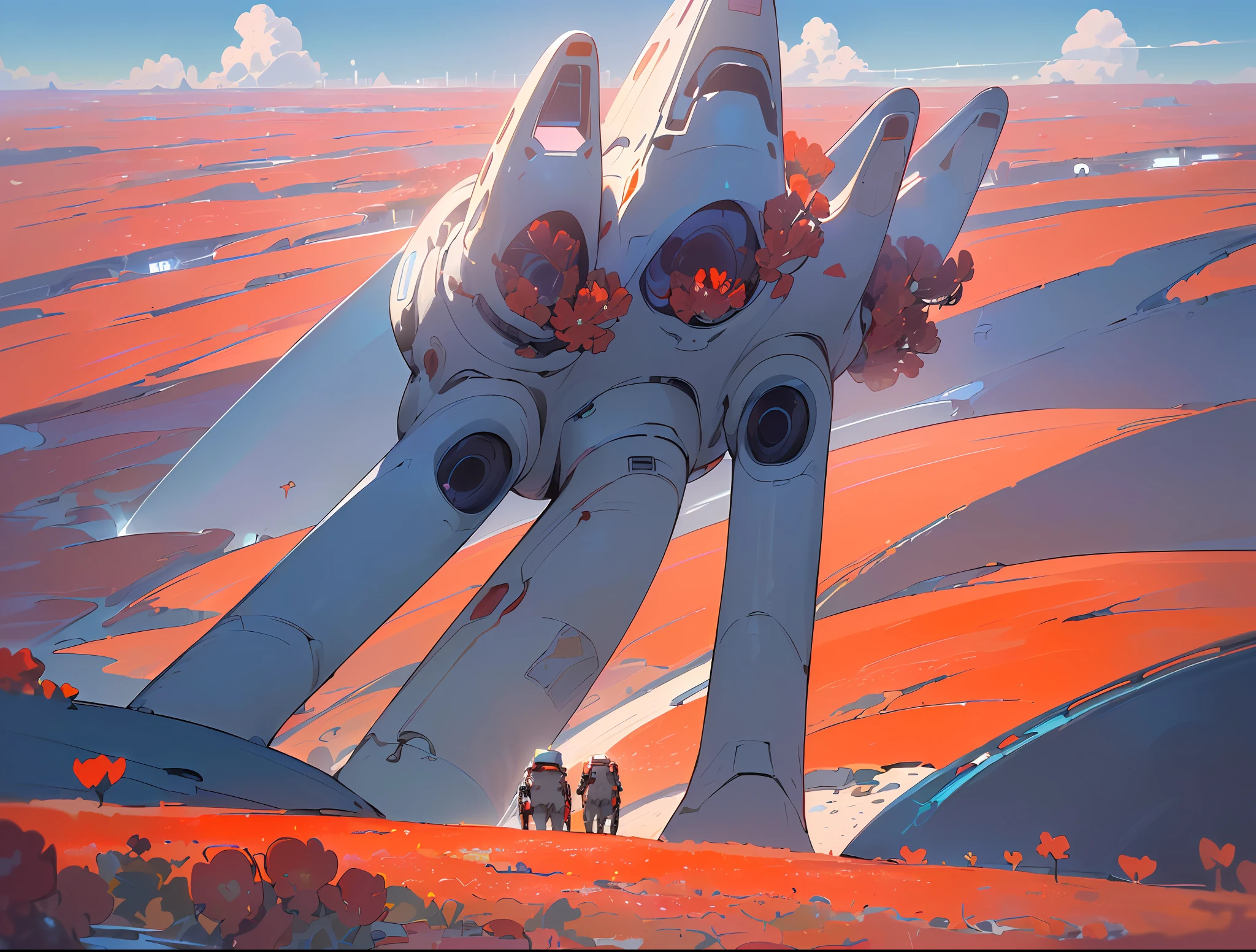 ((8k, foto RAW, melhor qualidade, Masterpiece Matte Painting based on Albert Withlock of an astronaut in a field of red flowers in the shape of hearts in ultra high resolution, ultra-detalhado, illustration, close-up, astonauta, ambiente apenas, sunny day and bluish sky with white clouds in 3D, futuro, imaginando, ao ar livre, somente plano de fundo, matte painting realista, Add a futuristic city to the background of the landscape with movements of spaceships and space cars People walk towards the field of red flowers