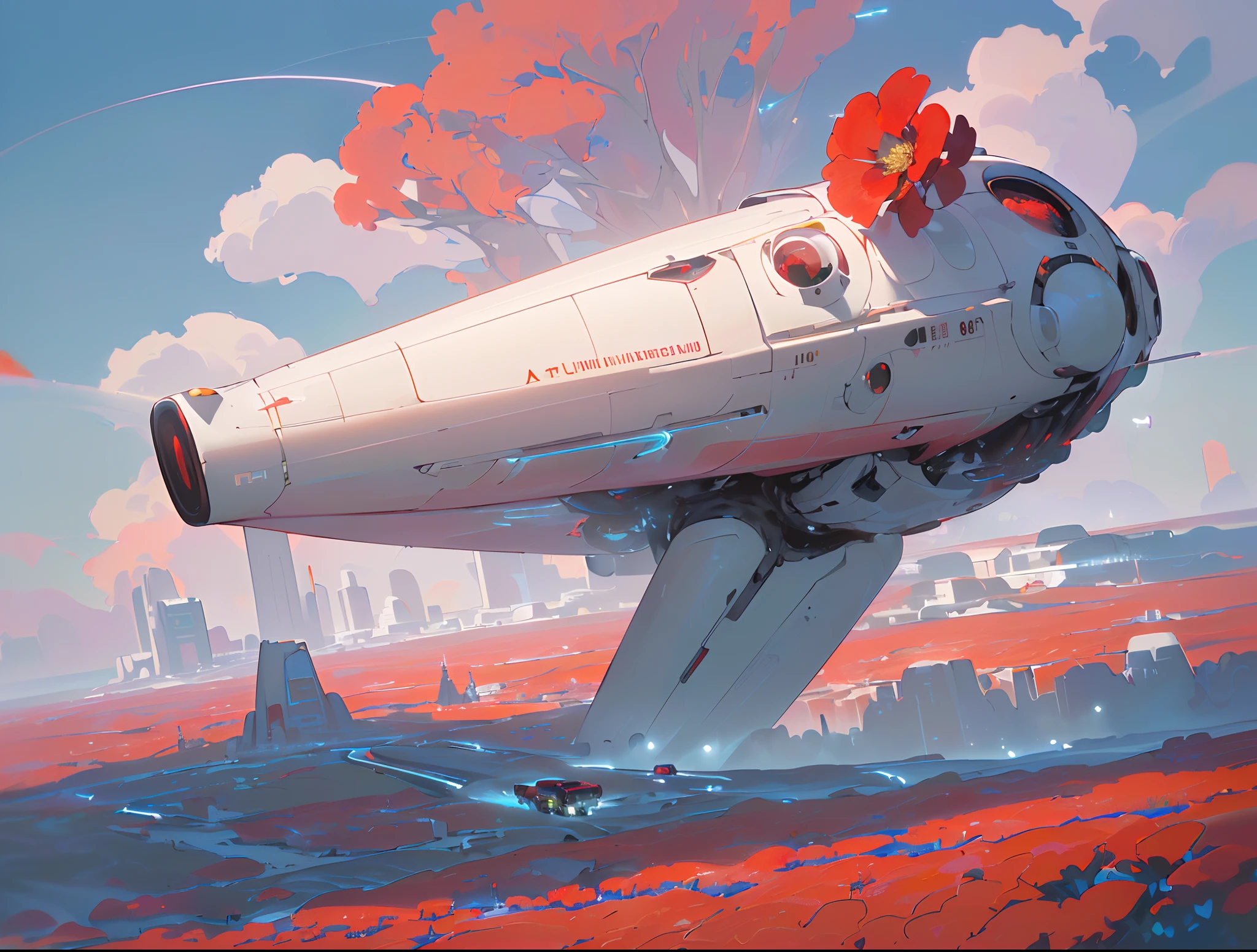 ((8k, foto RAW, melhor qualidade, Masterpiece Matte Painting based on Albert Withlock of an astronaut in a field of red flowers in the shape of hearts in ultra high resolution, ultra-detalhado, illustration, close-up, astonauta, ambiente apenas, sunny day and bluish sky with white clouds in 3D, futuro, imaginando, ao ar livre, somente plano de fundo, matte painting realista, Add a futuristic city to the background of the landscape with movements of spaceships and space cars People walk towards the field of red flowers