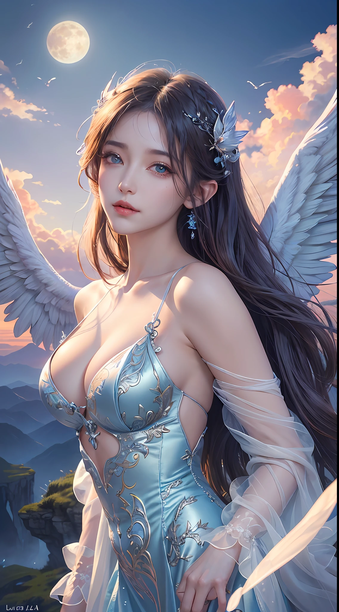 ((Need)), ((tmasterpiece)), (A detailed), Enchanting succubus, Ethereal beauty, Perched in clouds, (fantasy illustrations:1.3), Seductive gaze, captivating posture, delicate wings, otherworldly charm, Mysterious Sky, (Luis Royo:1.2), (Yoshitaka Amano:1.1), Moon Night, pastelcolor, (Detailed cloud view:1.3), (A high resolution:1.2),Close-up shot,Close-up shot,Black eyes,Detailed beautiful eyes,angelicales,White wings