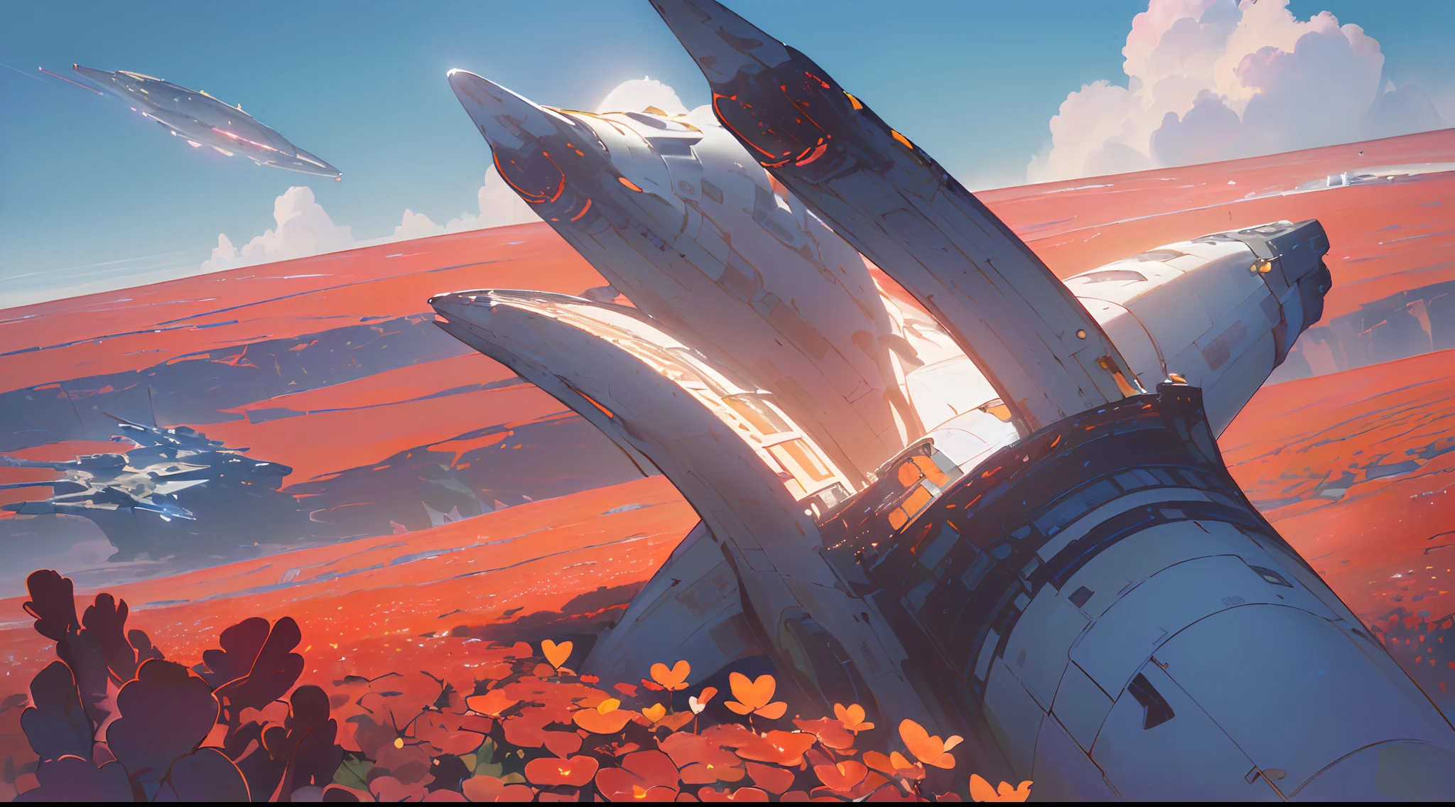 8k, Foto RAW, melhor qualidade, Matte Painting masterpiece based on Albert Withlock of an astronaut walking in the foreground seen from above the image in ultra high resolution, ultra-detalhado, illustration, Close-up no reflexo do visor do capacete do astronauta, Astonauta, walks on a busy street in a futuristic and ultra-realistic city and with hanging gardens on a sunny day and blue sky with white clouds in 3D, futuro, imaginando, metropolis, somente plano de fundo, Pintura realista fosca, Add in the futuristic city designed based on artist Syd Mead's matte paint to the landscape background with space car movements People walk towards the field of red flowers and talk watching the astronaut fly over the hill of red flowers
