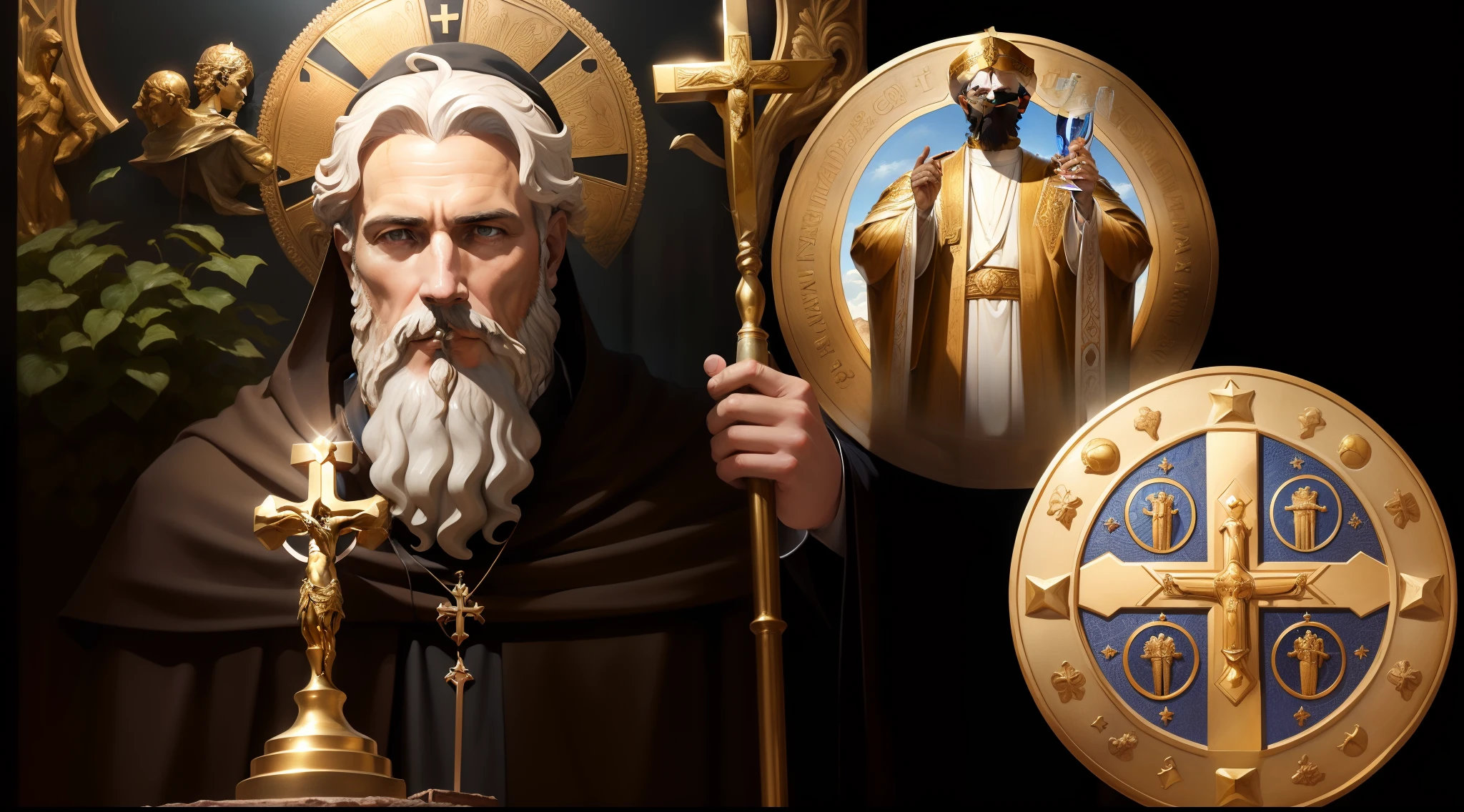 A closeup of a statue of a man holding a glass, inspirado em Ed Benedict, Santo de ouro bonito, Santo ortodoxo, bronze statue and silver, inspired by Nicomachus of Thebes, Severiano de Nessus, orthodox saint christopher, iconografia, Solis Sacerdotibus | | | |, portrait of saint of the pit, christian saint, Bizantino