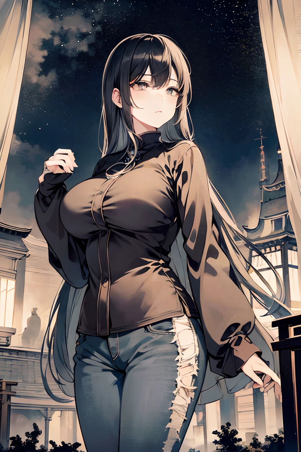 top-quality、masterpiece、Highly detailed 4K photorealistic girl photos+Niō Standing、starrysky、black-and-white、Glaring eyes、Futuristic、Teary-eyed、Atmospheric flow、silhuette、A quiet、jeans、big breasts